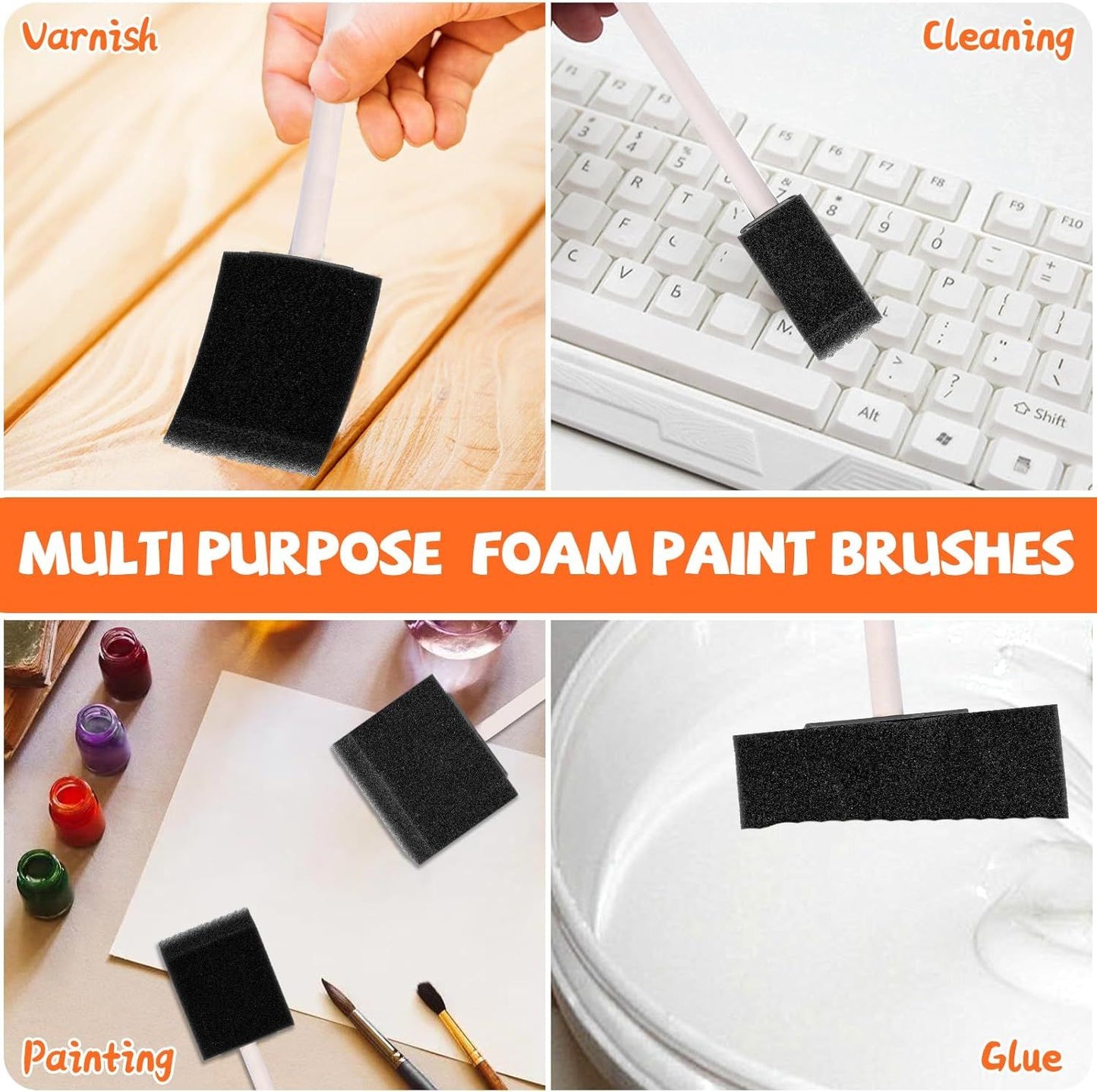 4 Pcs Foam Art Paintbrushes,Wood Handle Sponge Brushes 1'', 2'',3'' & 4'' Sponge Paint Brush for Painting, Craft, Staining, Varnish, Touch Up DIY Craft Projects