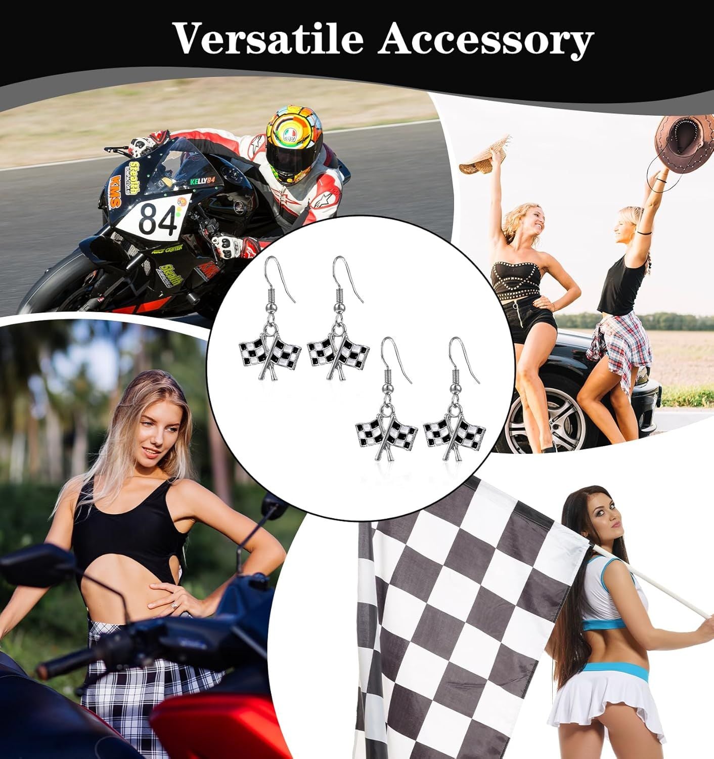 Checkered Flag Earrings,  2 Pairs Checkered Flag Earrings for Women Black and White Race Charm Dangle Earrings Ideal for Women Racing Fans and Race Day Accessories