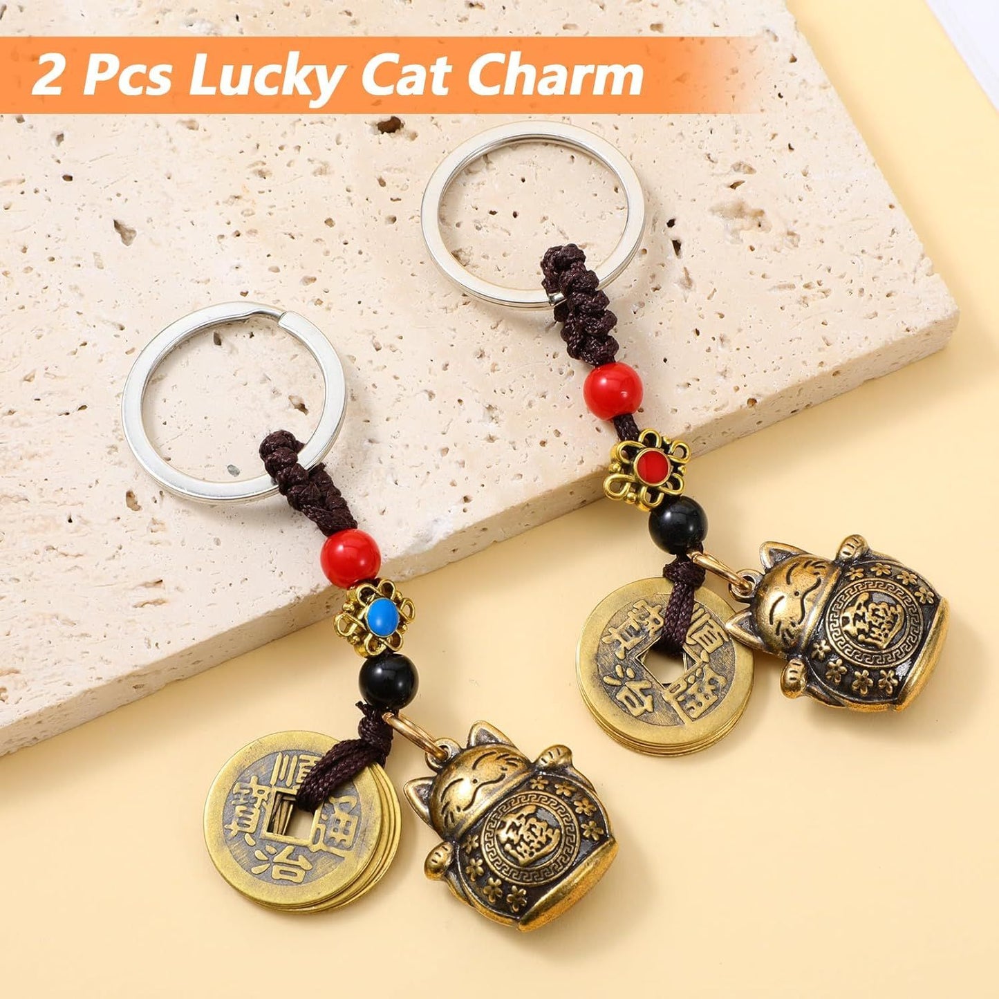 Lucky Cat Keychain, 2 Pcs Japanese Keychain with Feng Shui Coins, Maneki Neko Lucky Cat Charm for Women, Girls, Kids