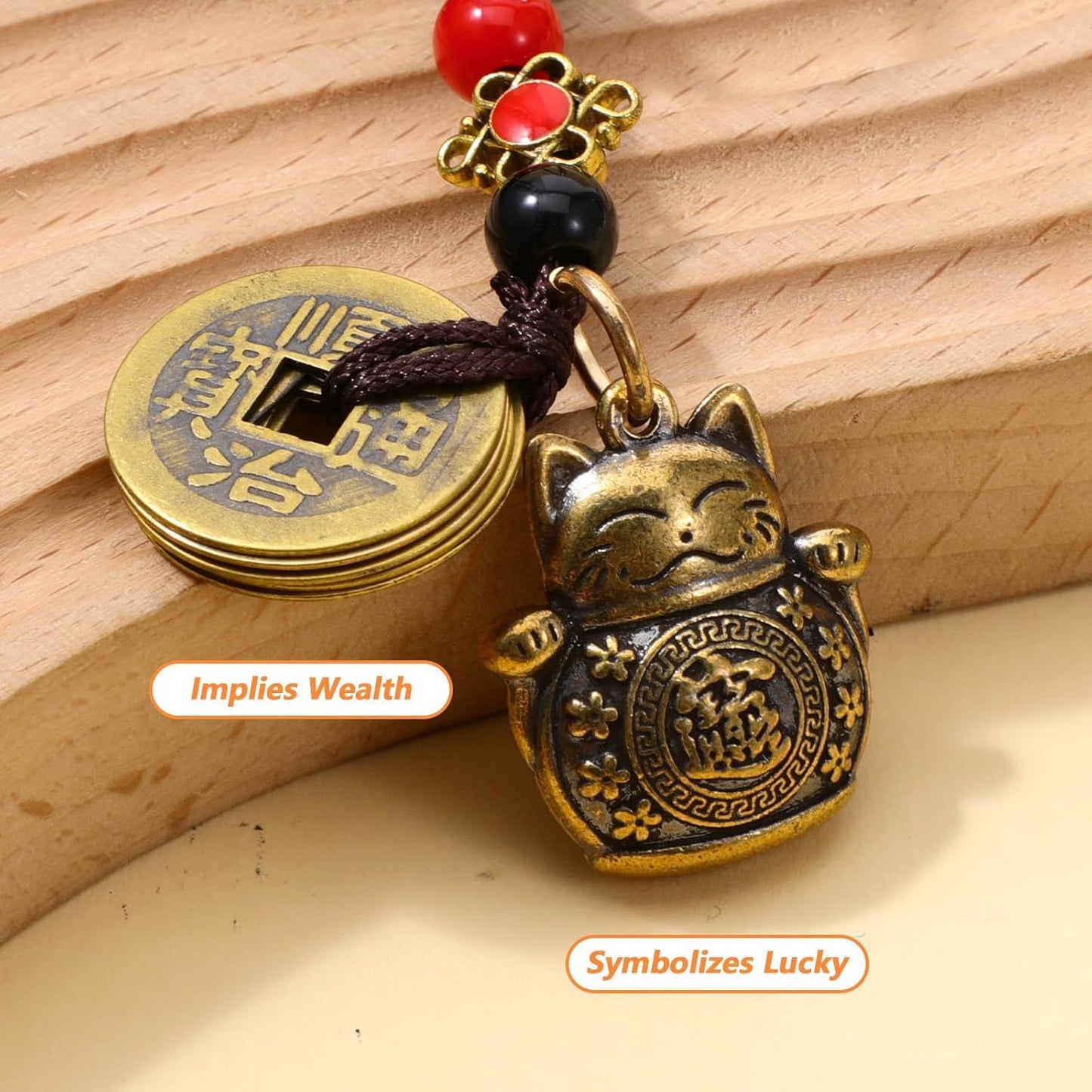 Lucky Cat Keychain, 2 Pcs Japanese Keychain with Feng Shui Coins, Maneki Neko Lucky Cat Charm for Women, Girls, Kids
