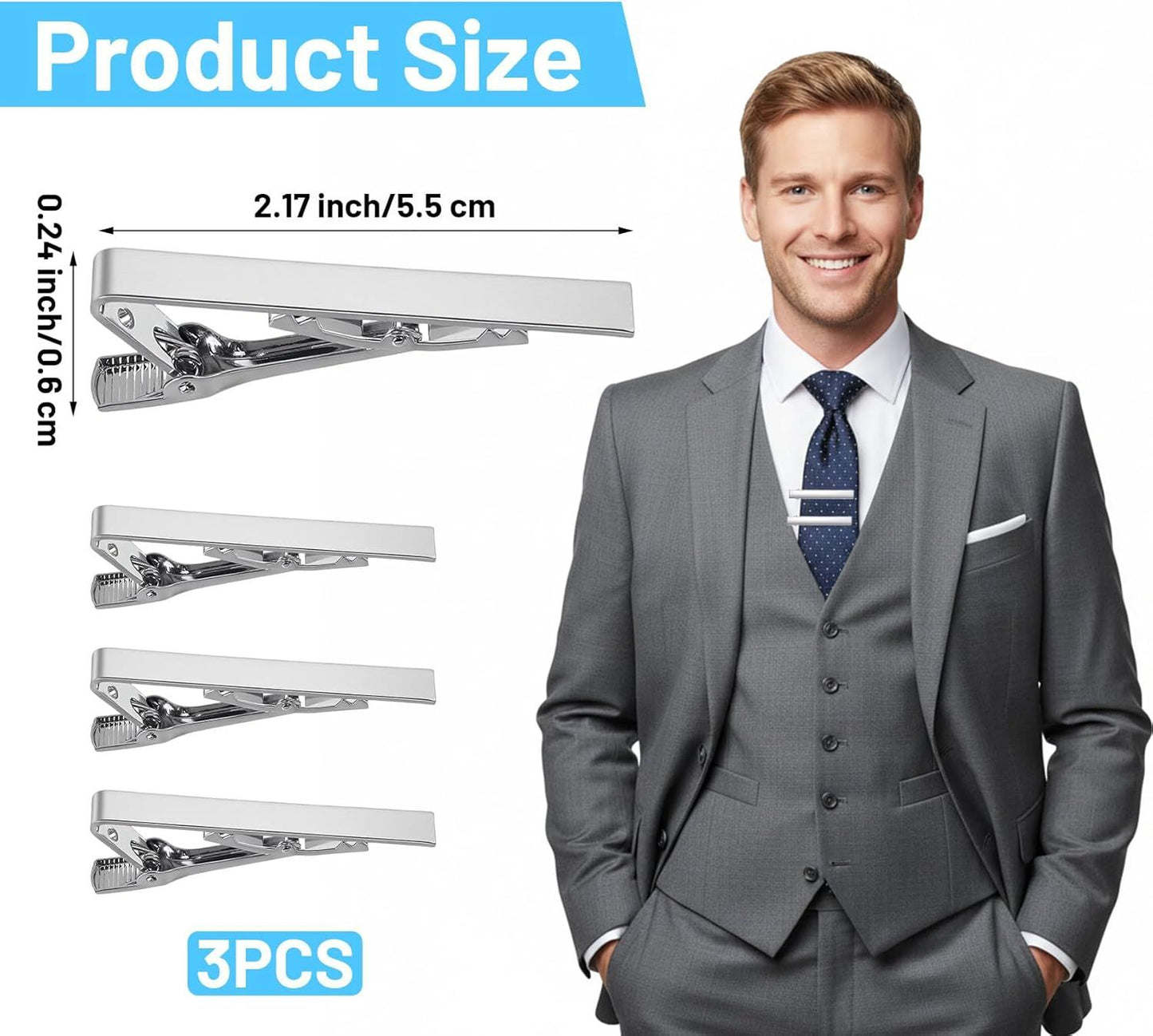 3 Pack Tie Bar Silver, Silver Tie Clip for Men Stainless Steel Necktie Bars, Anti-Slip Grip for Office Wedding Party