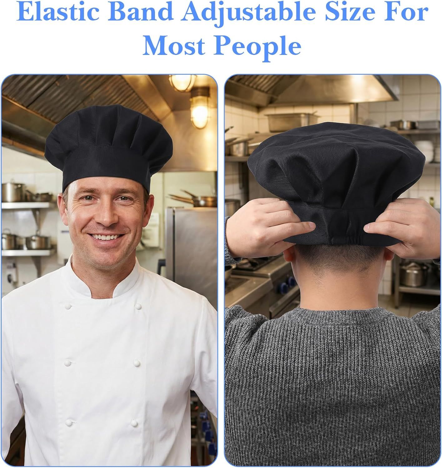 2PCS Black Chef Hat, Chef Cap for Men & Women, Breathable Baker's Hat for Cooking, Kitchen, Reusable & Washable