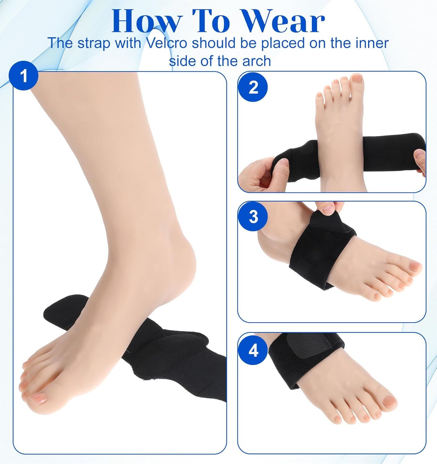 2 Pcs Plantar Fasciitis Relief, Adjustable Arch Support Neoprene Flat Foot Corrector Fallen Arch Supports Pads for Plantar Fasciitis, Gel Pads Bands Wear Over or Under Socks, Black 1 Pair
