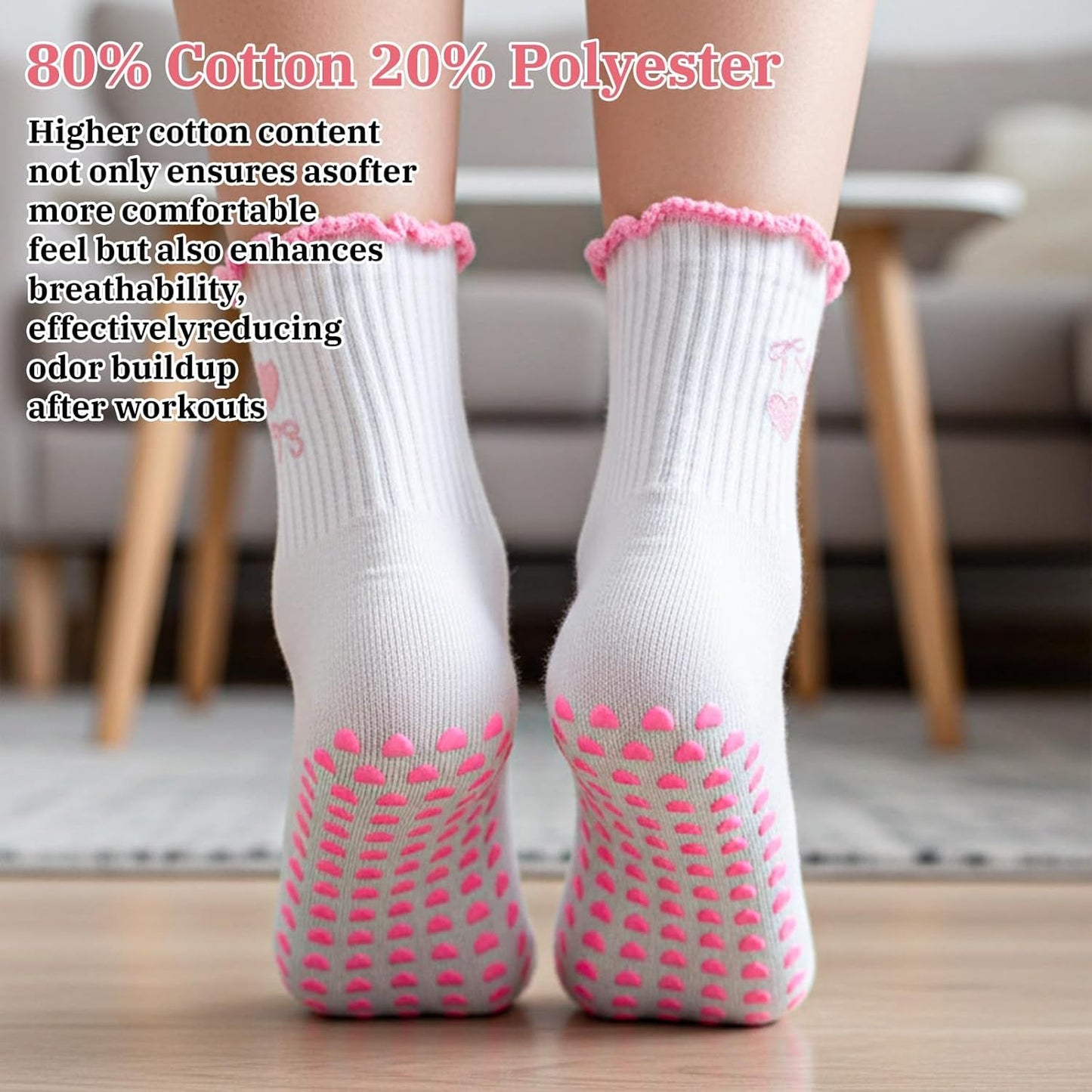 2 Pair Pilates Socks with Grips, Red Pink Non-Slip Pilates Yoga Grip Socks for Women, Cute Ruffle Design, Grippy Sticky Also Perfect for Barre & Fitness, Red & Pink