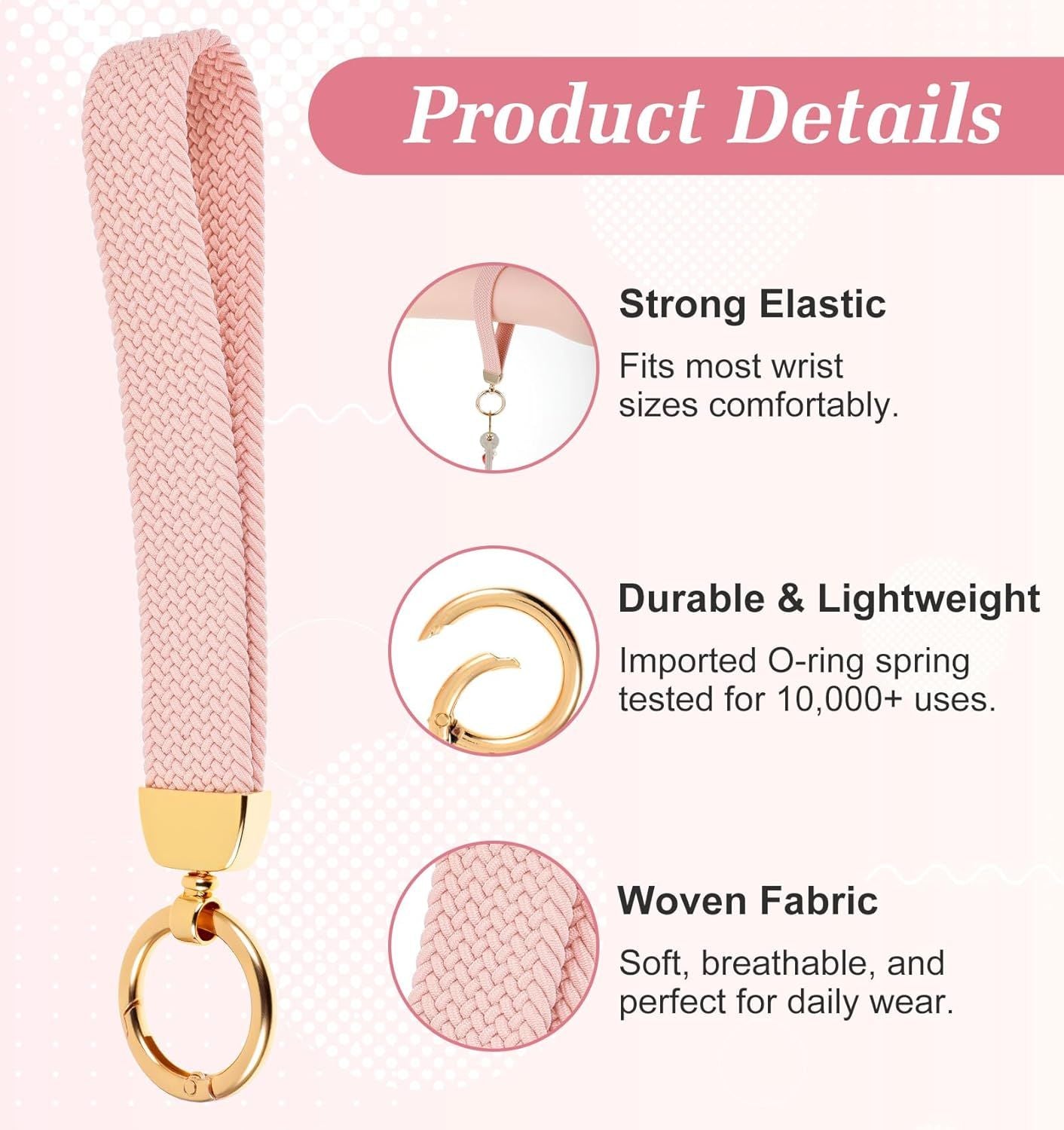 Fishent Stretchy Wristlet Keychain, Car Keychain Wristlet for Car Keys Phone Wallet, Elastic Key Holder with D Ring for Women Men (Pink)