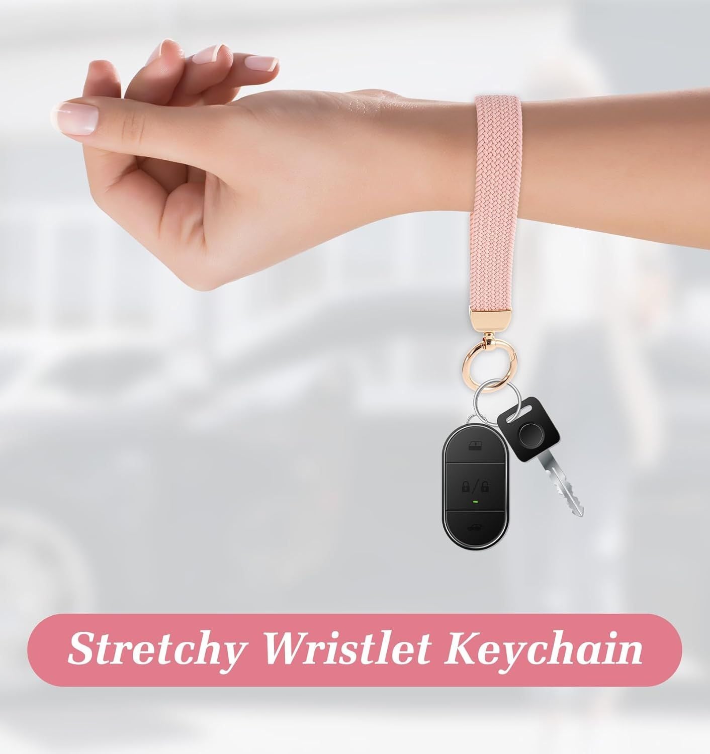 Fishent Stretchy Wristlet Keychain, Car Keychain Wristlet for Car Keys Phone Wallet, Elastic Key Holder with D Ring for Women Men (Pink)