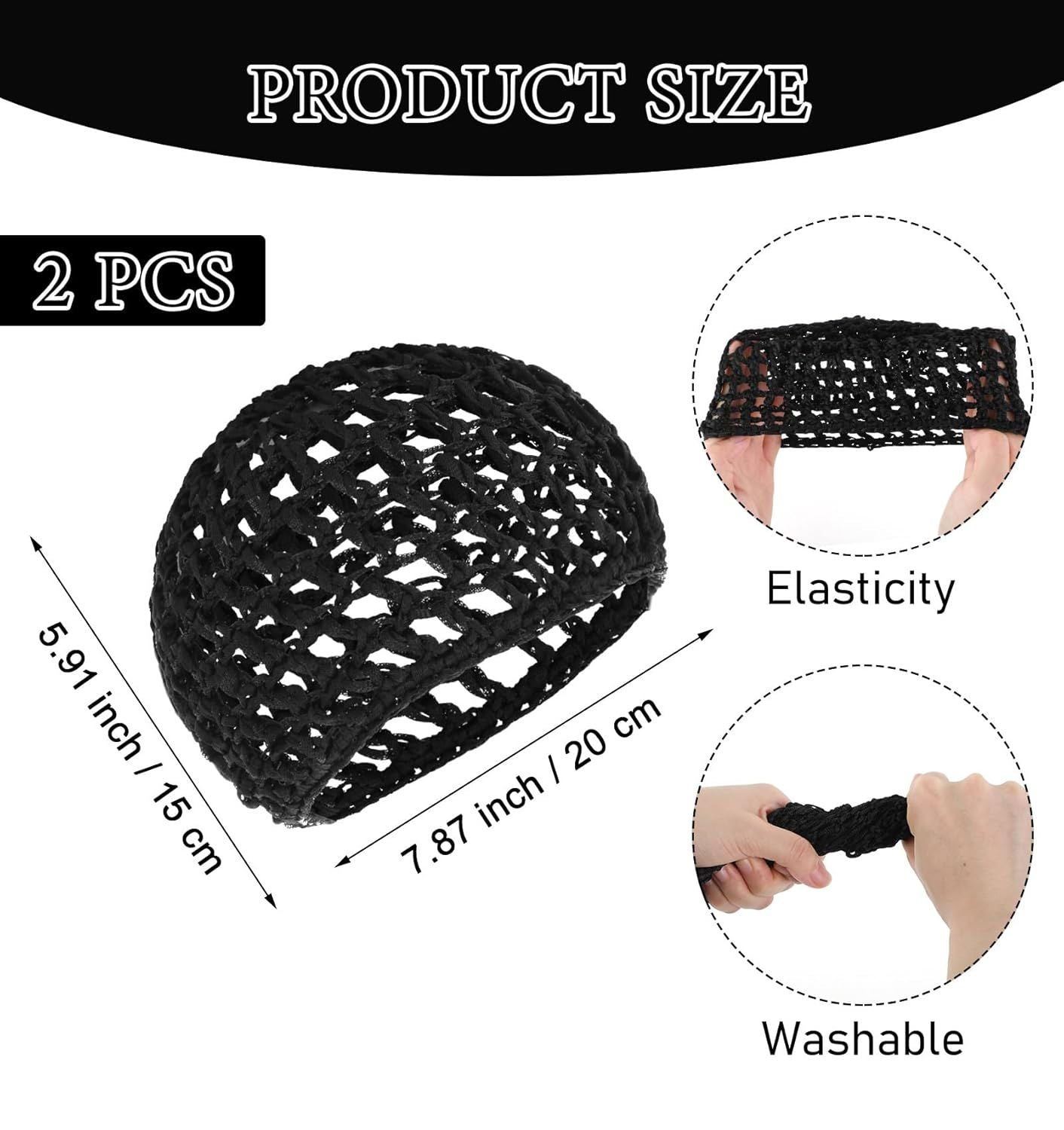 Crochet Hair Net, Comfortable Breathable Hair Net for Silk Press, Sleeping, Shower, Makeup, Hold Hair in Place All Night, Black (Reusable & Elastic, 2 Pack)