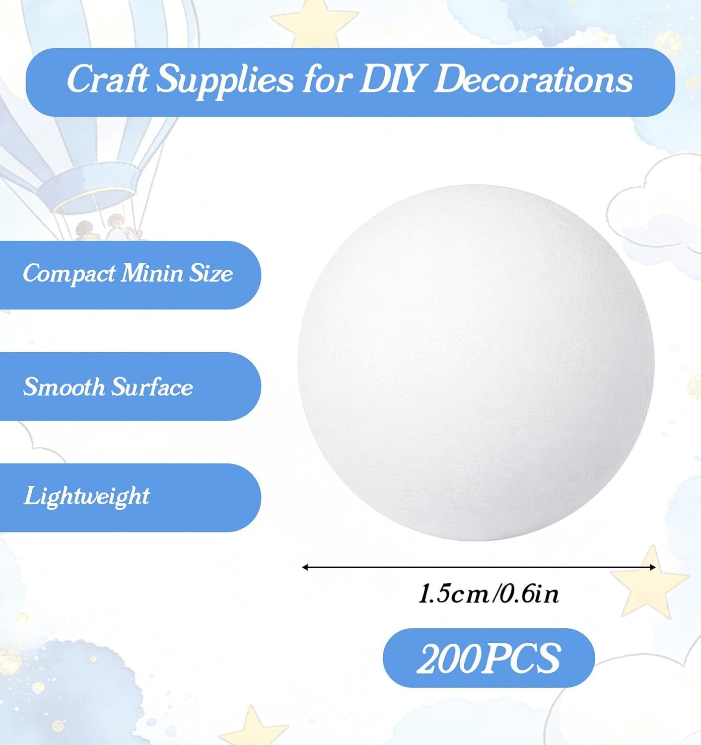 200 Pcs Styrofoam Balls Small, 0.6 Inch Small Styrofoam Balls for DIY Crafts, Christmas Tree & Holiday Decorations, Polystyrene Round White Craft Ball for Slime, Ornaments, Art Projects