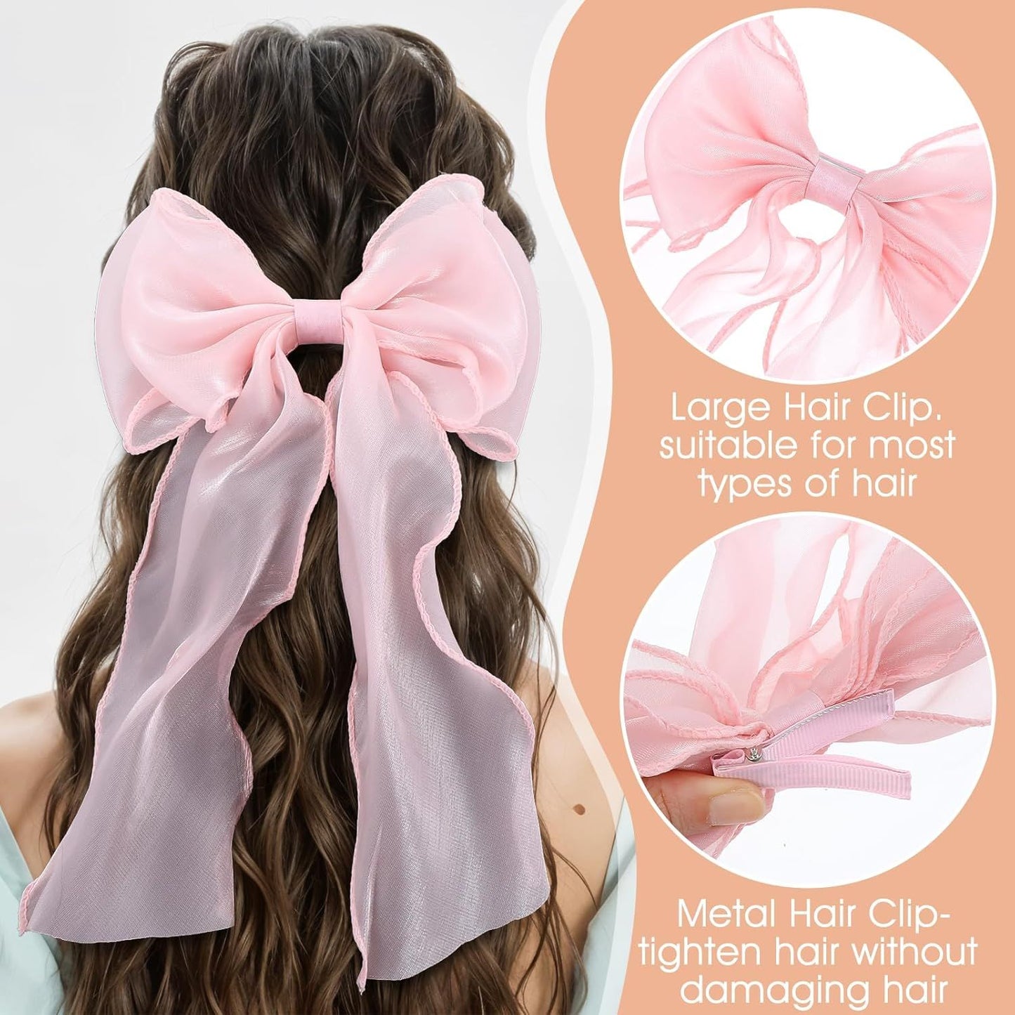 Large Pink Bow, Pink Bows for Hair Clip with Long Ribbon Tail for Women & Girls,