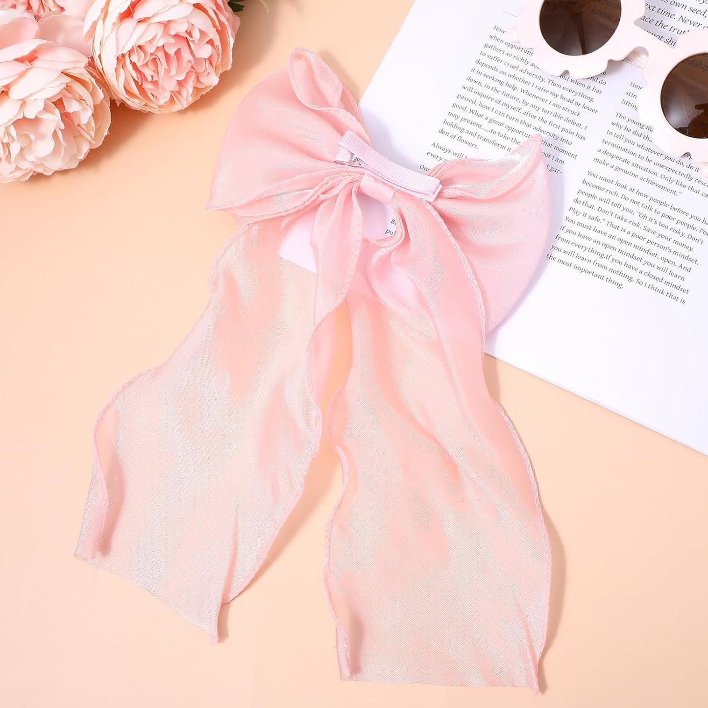 Large Pink Bow, Pink Bows for Hair Clip with Long Ribbon Tail for Women & Girls,