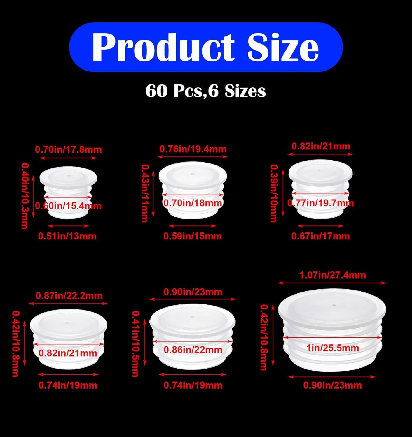 60Pcs Salt and Pepper Stoppers Plugs, 6 Sizes (13/15/17/18/19/23 mm) Plastic Bottle Plugs, Leak-Proof Clear Caps for Spice Containers & Shaker Bottles, Reusable