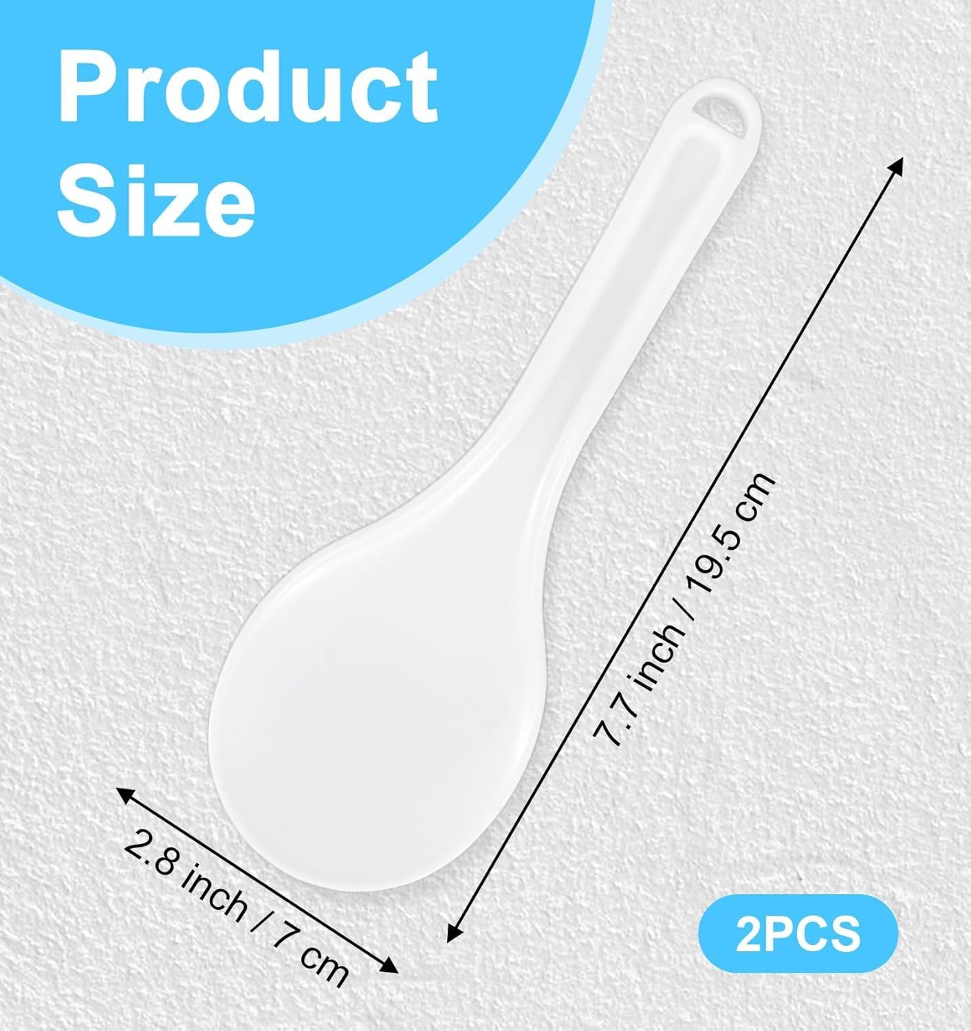 Rice Cooker Spoon, 2 Pack 7.7" Smooth Rice Spoon Paddle, Easy to Clean Non-stick Plastic Rices Serving Spoons with Ergonomic Handle & Hanging Hole for Scoop More in One Go, (White)