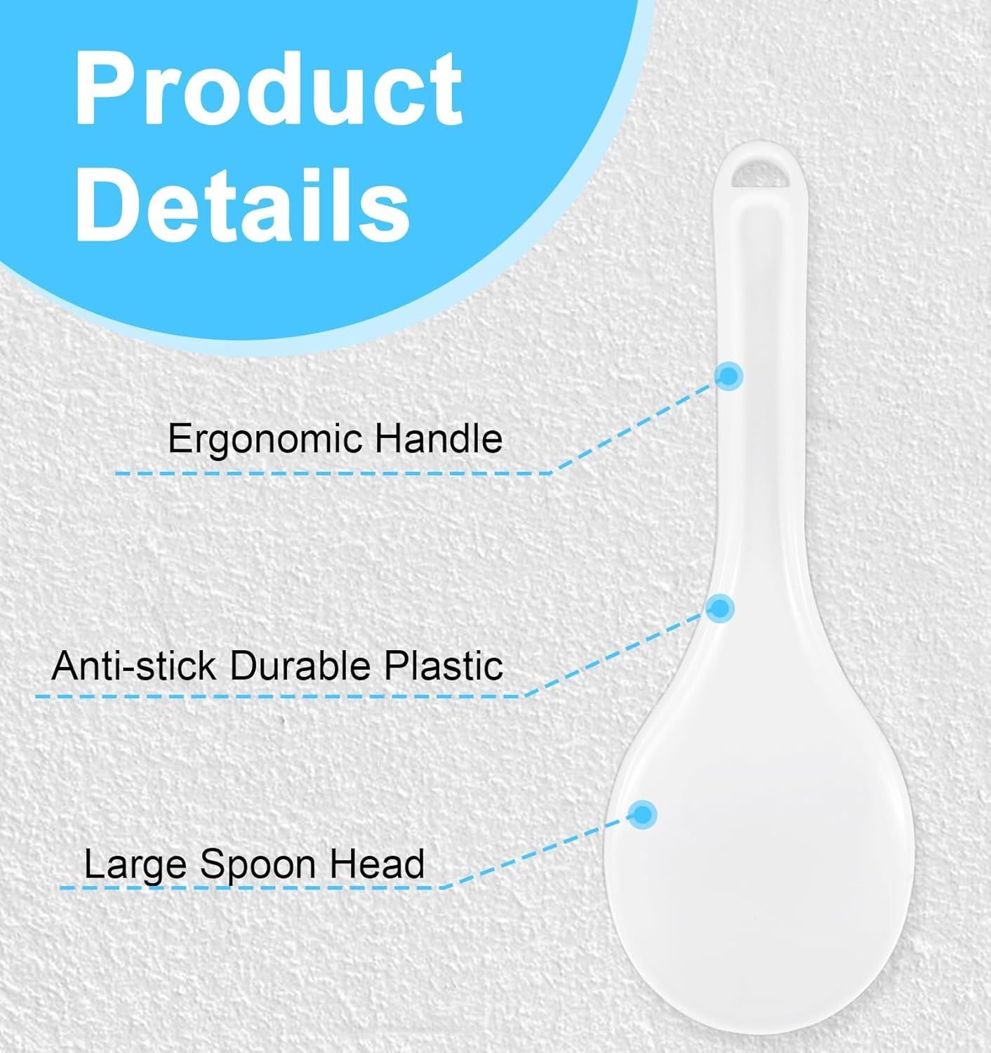 Rice Cooker Spoon, 2 Pack 7.7" Smooth Rice Spoon Paddle, Easy to Clean Non-stick Plastic Rices Serving Spoons with Ergonomic Handle & Hanging Hole for Scoop More in One Go, (White)