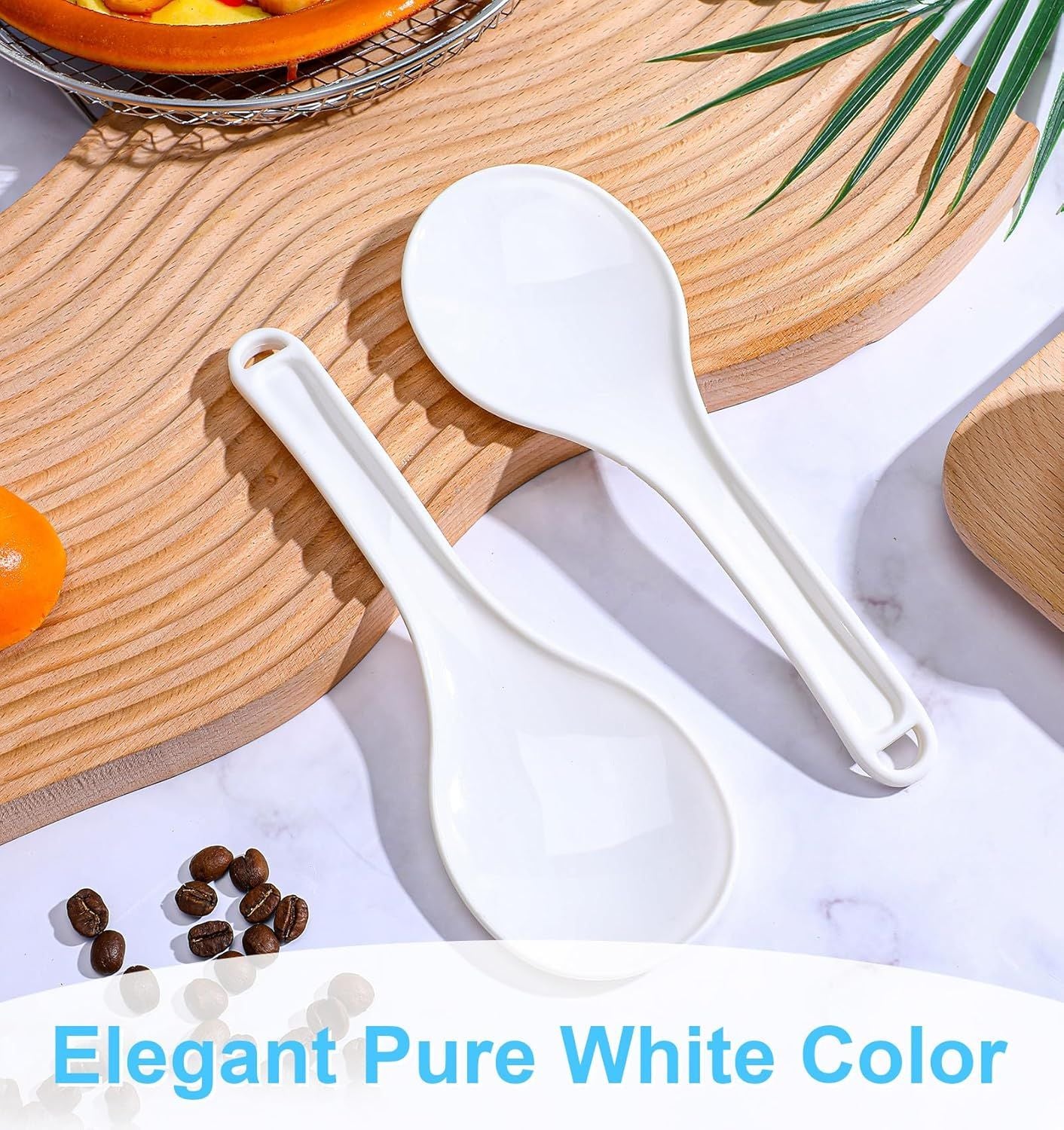 Rice Cooker Spoon, 2 Pack 7.7" Smooth Rice Spoon Paddle, Easy to Clean Non-stick Plastic Rices Serving Spoons with Ergonomic Handle & Hanging Hole for Scoop More in One Go, (White)