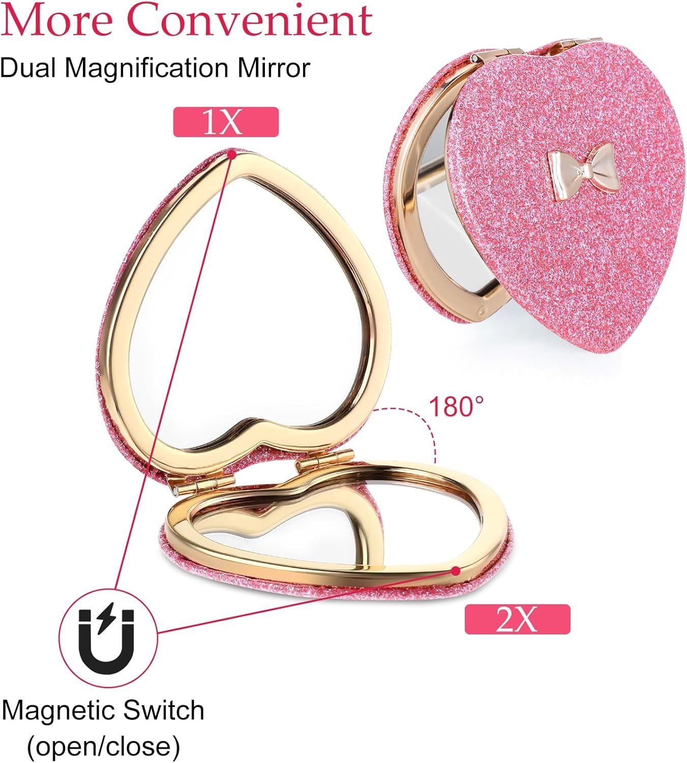 Pink Compact Mirror, Double-Sided Heart Compact Mirror, Magnetic Folding Purse Mirrors Compacts for Girls, Kids, Home Office, Valentine's Day