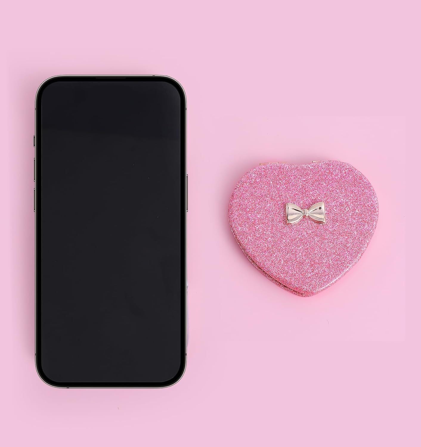Pink Compact Mirror, Double-Sided Heart Compact Mirror, Magnetic Folding Purse Mirrors Compacts for Girls, Kids, Home Office, Valentine's Day