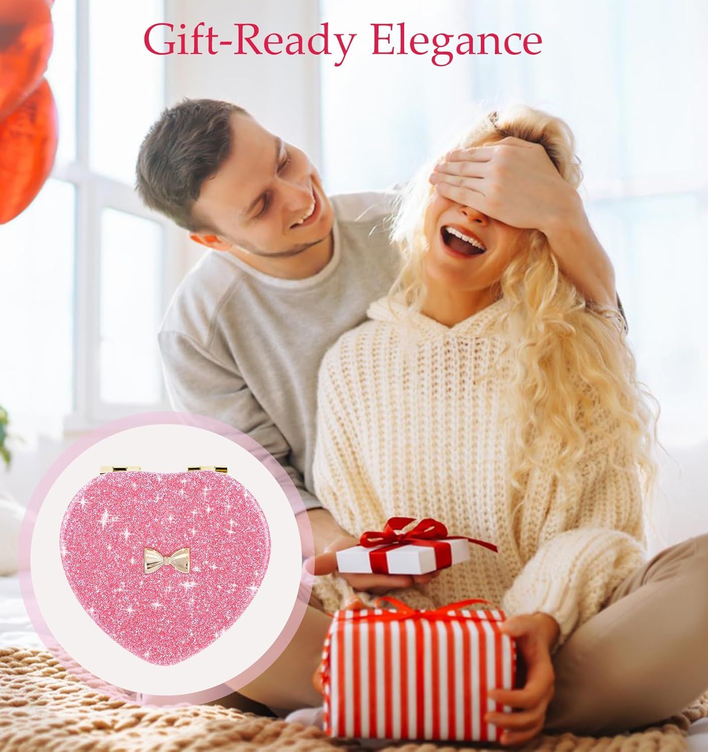 Pink Compact Mirror, Double-Sided Heart Compact Mirror, Magnetic Folding Purse Mirrors Compacts for Girls, Kids, Home Office, Valentine's Day