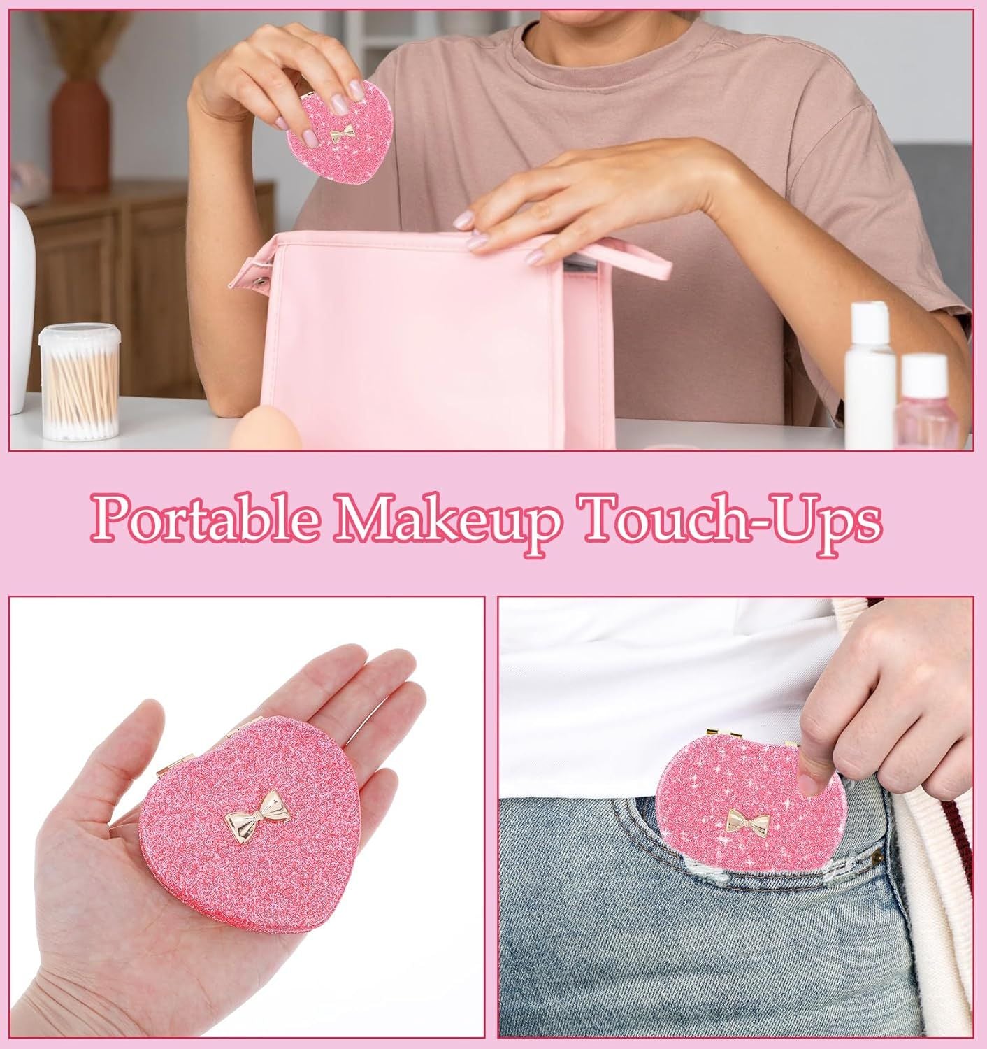 Pink Compact Mirror, Double-Sided Heart Compact Mirror, Magnetic Folding Purse Mirrors Compacts for Girls, Kids, Home Office, Valentine's Day
