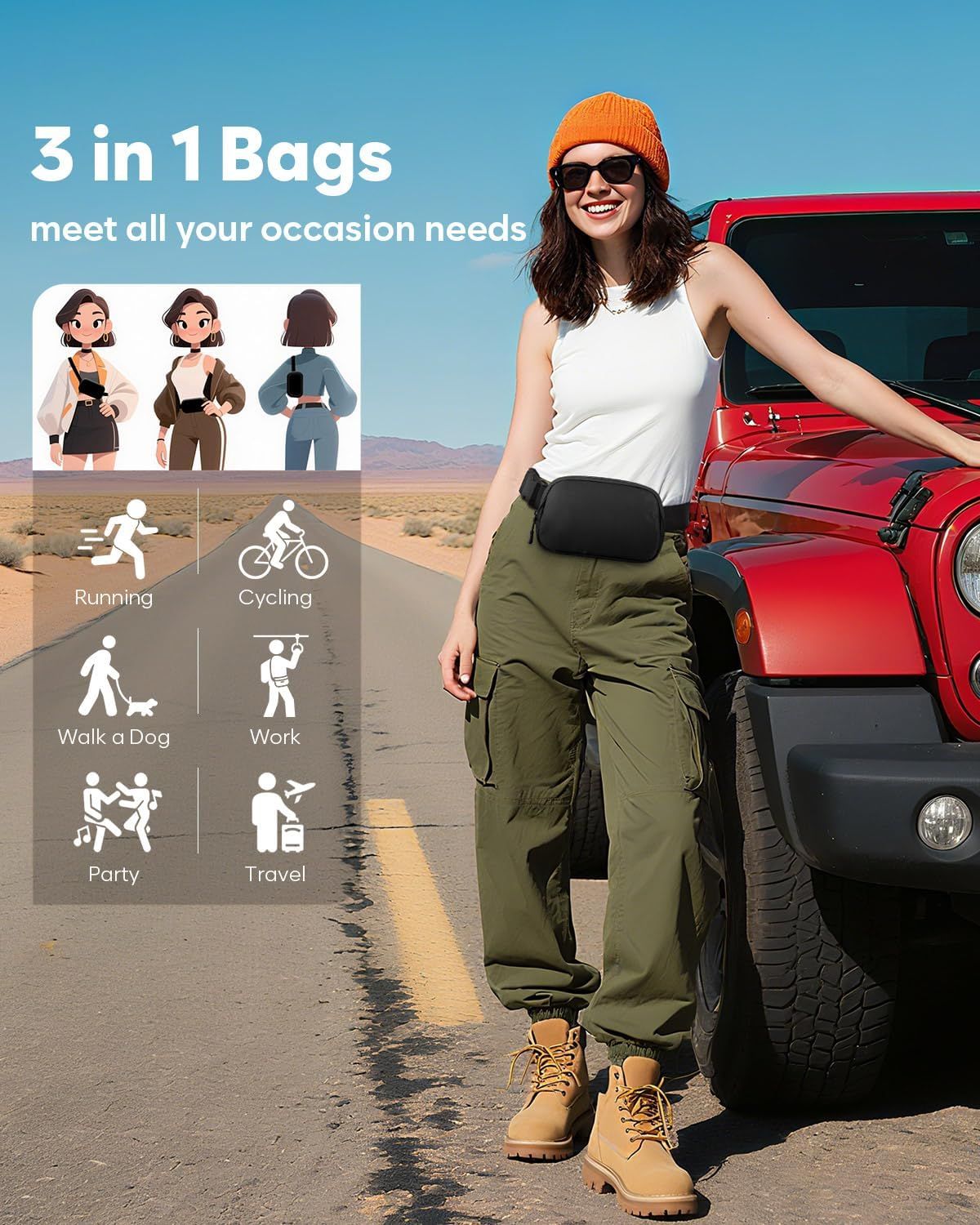 Fanny Packs for Women Cross Body Bag Waterproof Belt Bag with Adjustable Strap and Zipper Back Pocket Small Crossbody Bags Fashion Waist Packs for Workout Travelling(Black)