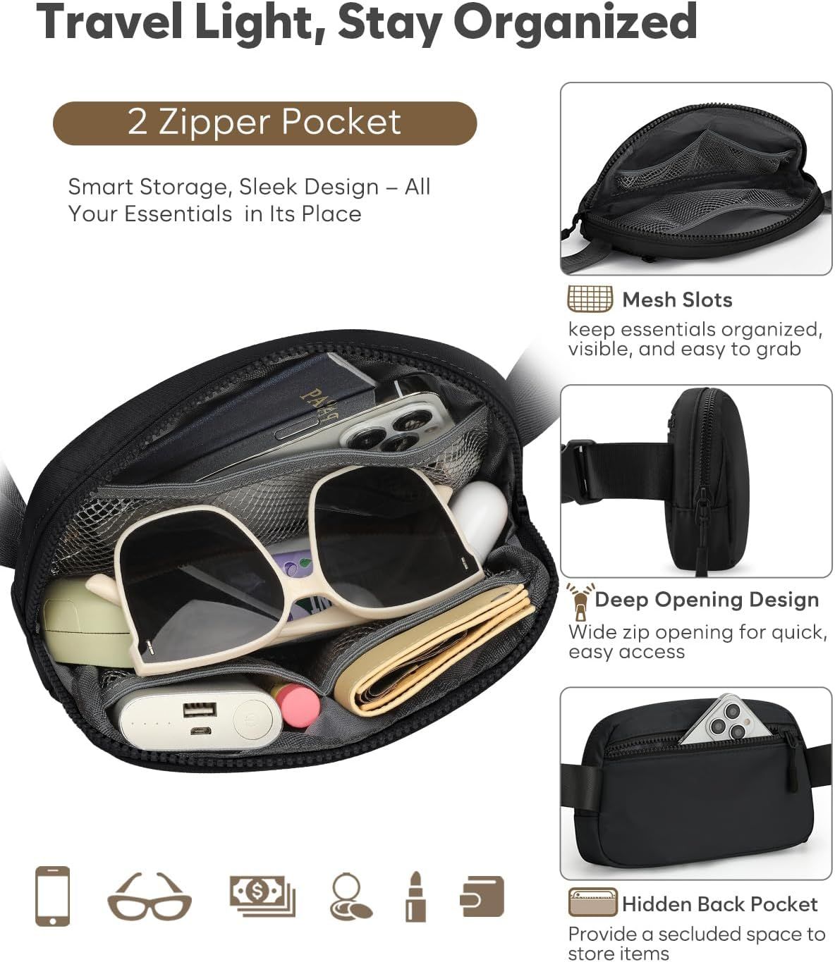 Fanny Packs for Women Cross Body Bag Waterproof Belt Bag with Adjustable Strap and Zipper Back Pocket Small Crossbody Bags Fashion Waist Packs for Workout Travelling(Black)