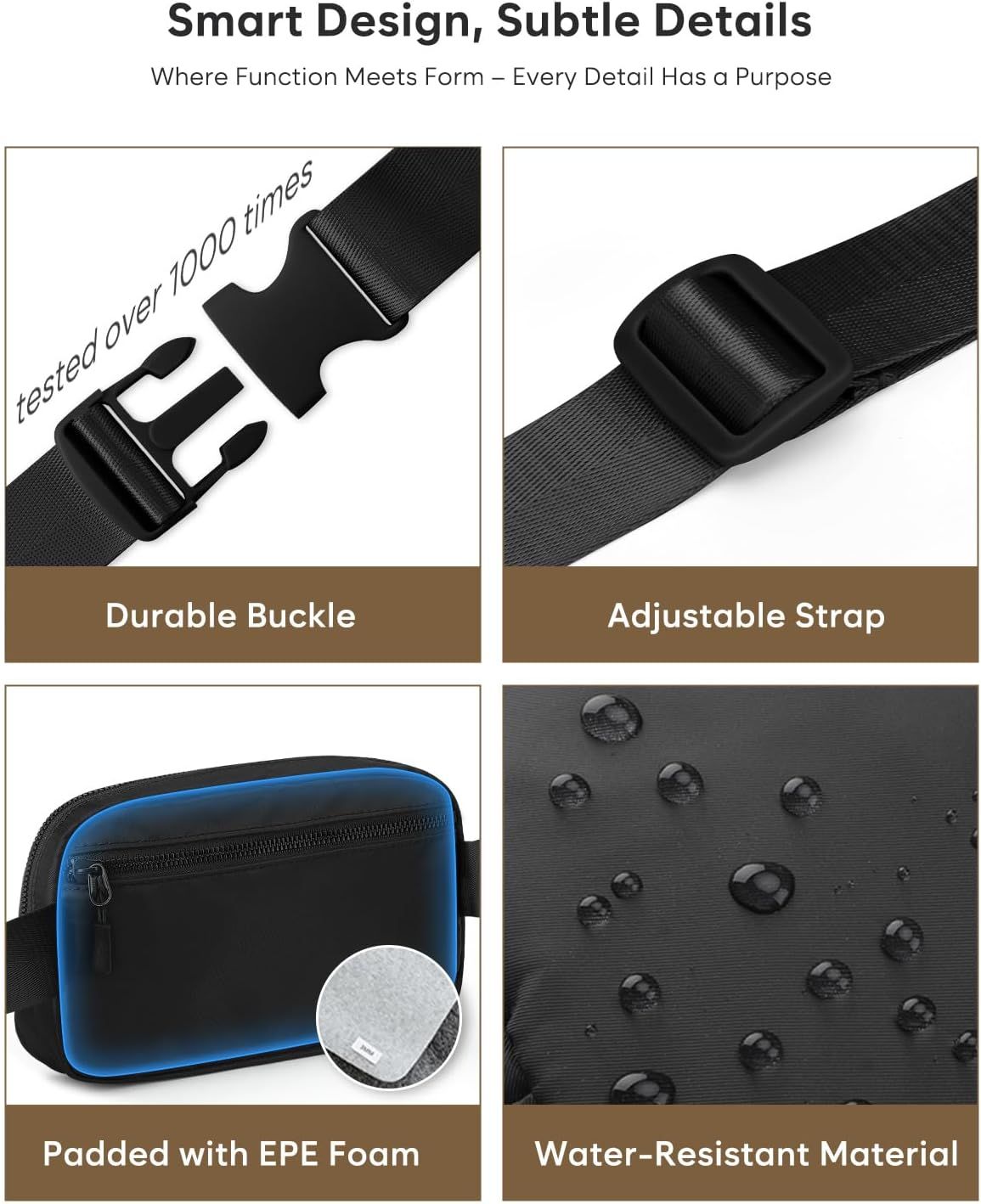 Fanny Packs for Women Cross Body Bag Waterproof Belt Bag with Adjustable Strap and Zipper Back Pocket Small Crossbody Bags Fashion Waist Packs for Workout Travelling(Black)