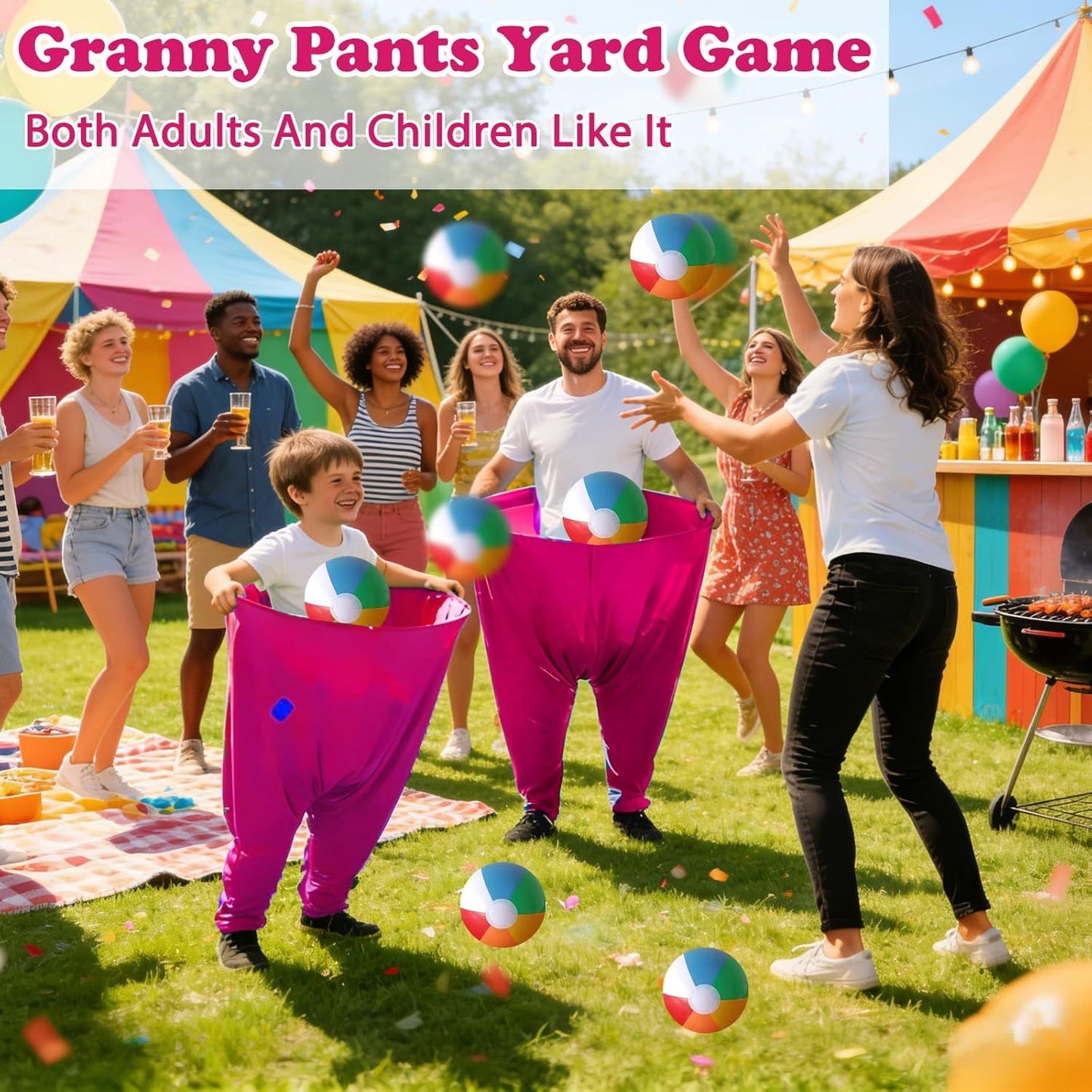 Granny Pants Yard Game Set Giant Outdoor Party Activity for Kids and Adults, Big Pants Ball Catching Set with 4 Balloons and Pump, Funny Lawn Activity, Ring Toss Games (Deep Pink)