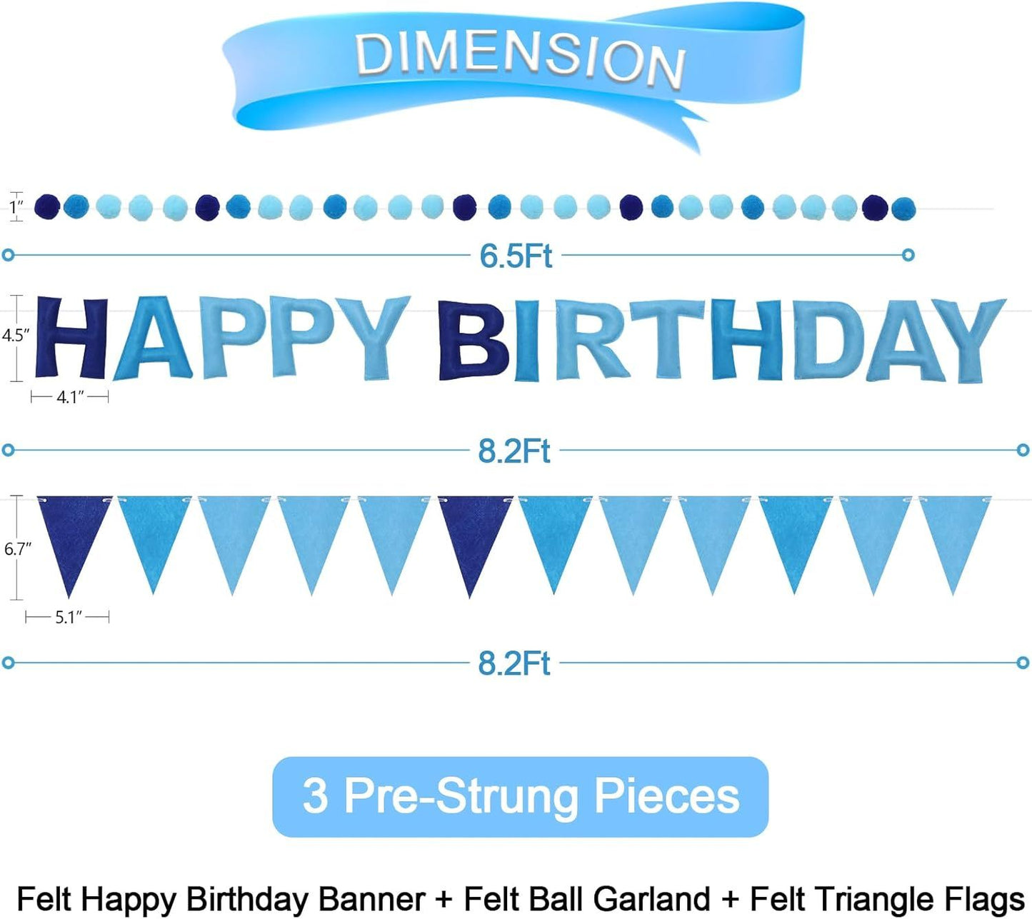 Pre-Strung Happy Birthday Banner & Felt Garland Set - Ombre Blue Birthday Decorations for Women Men Boys Girls | Reusable Party Supplies for Indoor & Outdoor