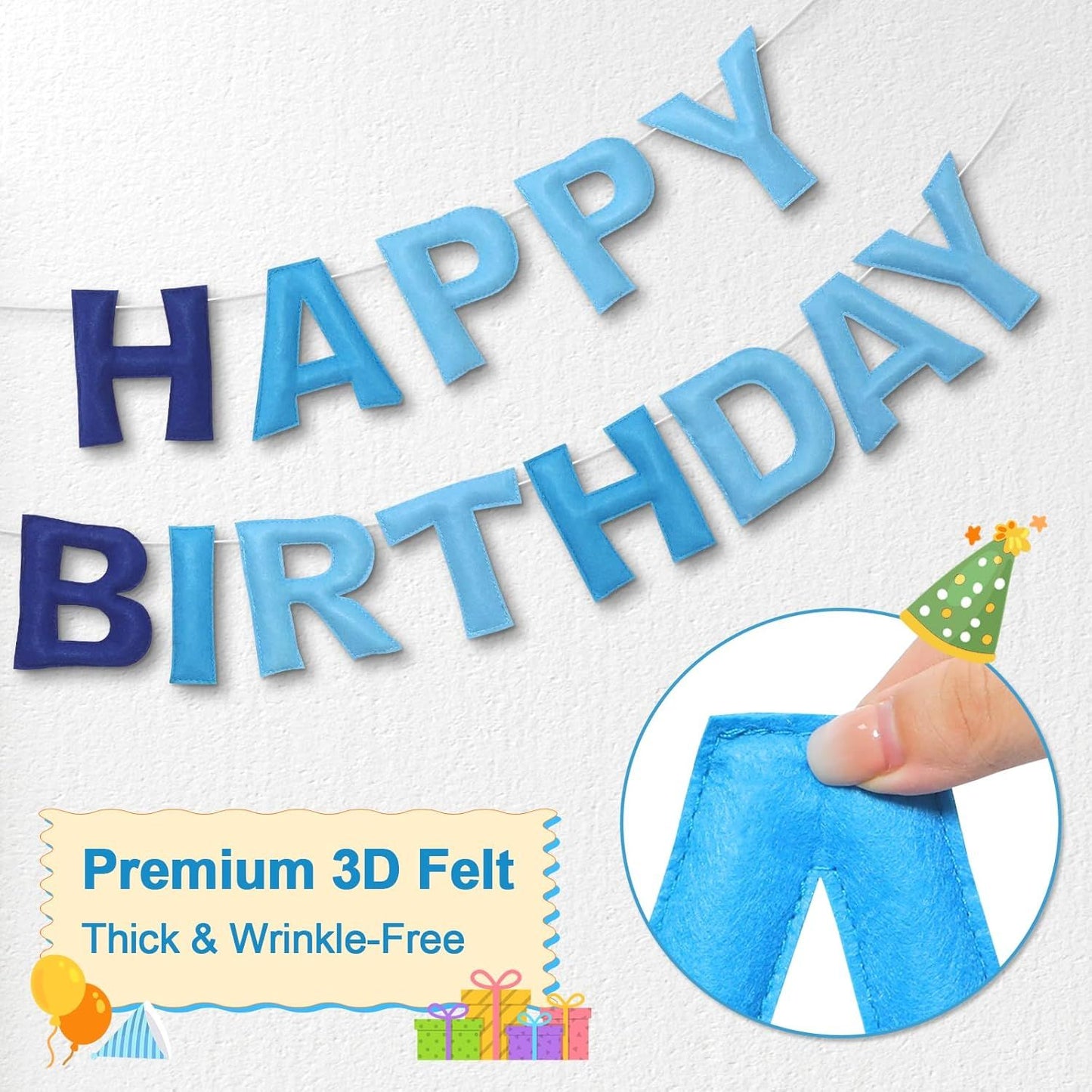 Pre-Strung Happy Birthday Banner & Felt Garland Set - Ombre Blue Birthday Decorations for Women Men Boys Girls | Reusable Party Supplies for Indoor & Outdoor