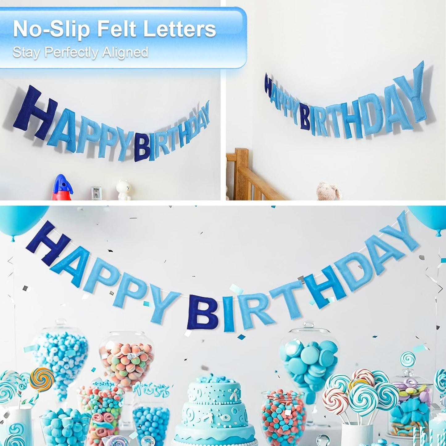 Pre-Strung Happy Birthday Banner & Felt Garland Set - Ombre Blue Birthday Decorations for Women Men Boys Girls | Reusable Party Supplies for Indoor & Outdoor