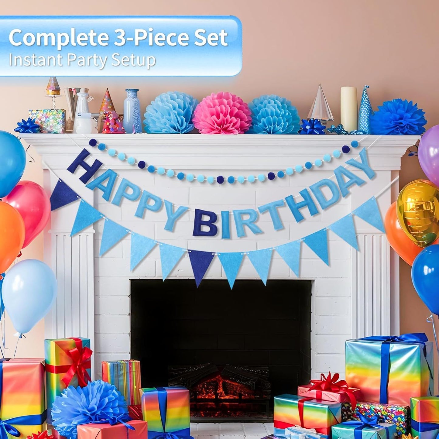 Pre-Strung Happy Birthday Banner & Felt Garland Set - Ombre Blue Birthday Decorations for Women Men Boys Girls | Reusable Party Supplies for Indoor & Outdoor