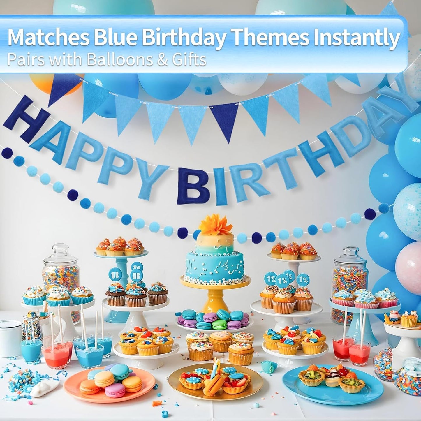 Pre-Strung Happy Birthday Banner & Felt Garland Set - Ombre Blue Birthday Decorations for Women Men Boys Girls | Reusable Party Supplies for Indoor & Outdoor