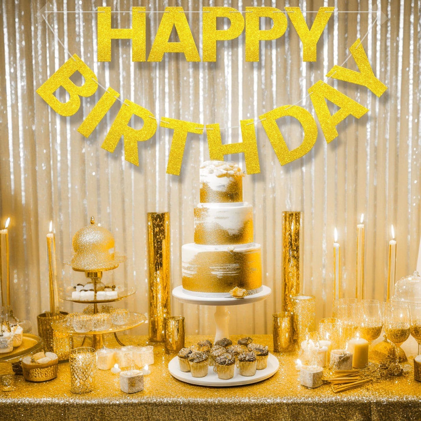 Happy Birthday Banner - 9 ft Pre-Strung Backdrop Sign for Women, Men, Girls, Boys - No DIY Gold Glitter Birthday Decorations & Party Supplies