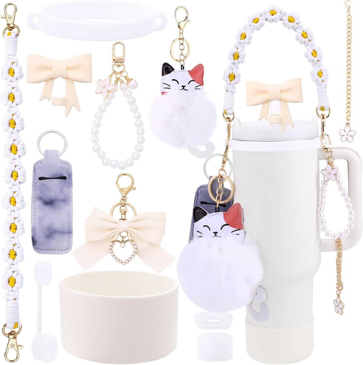 11PCS Stanley Cup Accessories Set for Stanley Cup 30oz 40oz Tumbler Including Water Bottle Handle Strap Silicone Cup Boot Spill Stopper Lipstick Holder Keychain Charms Straw Topper