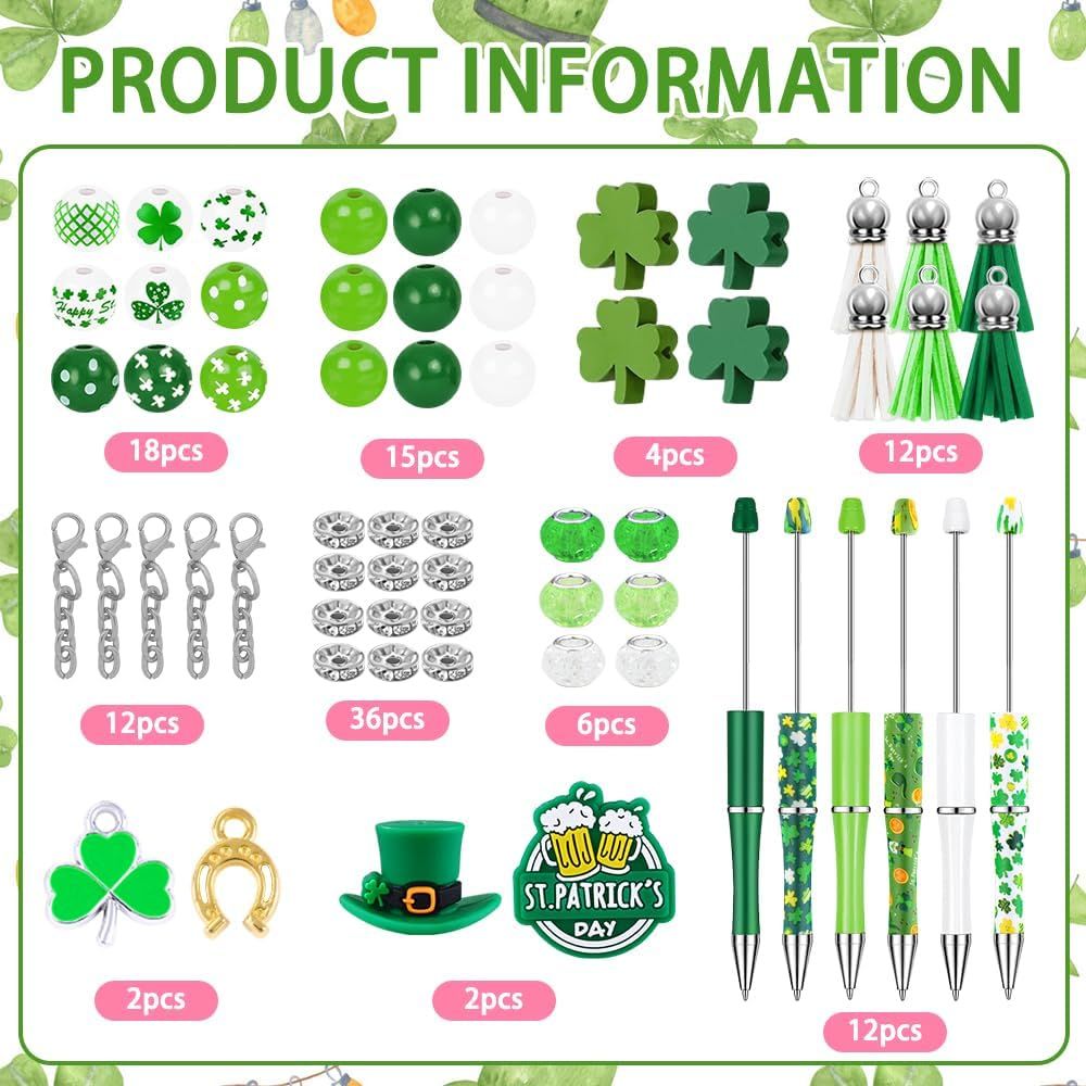 12 Set St Patricks Day Beadable Pens Plastic Bead Pens Clover Green Bulk Ballpoint DIY Crafting Pens Making Kit with Pendants Lobster Clasps for Students Teens School Office Supplies