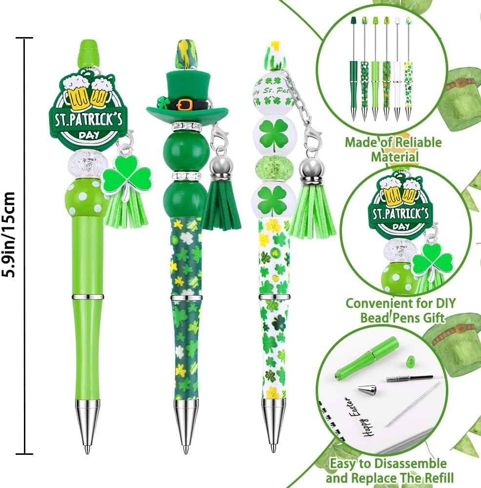 12 Set St Patricks Day Beadable Pens Plastic Bead Pens Clover Green Bulk Ballpoint DIY Crafting Pens Making Kit with Pendants Lobster Clasps for Students Teens School Office Supplies