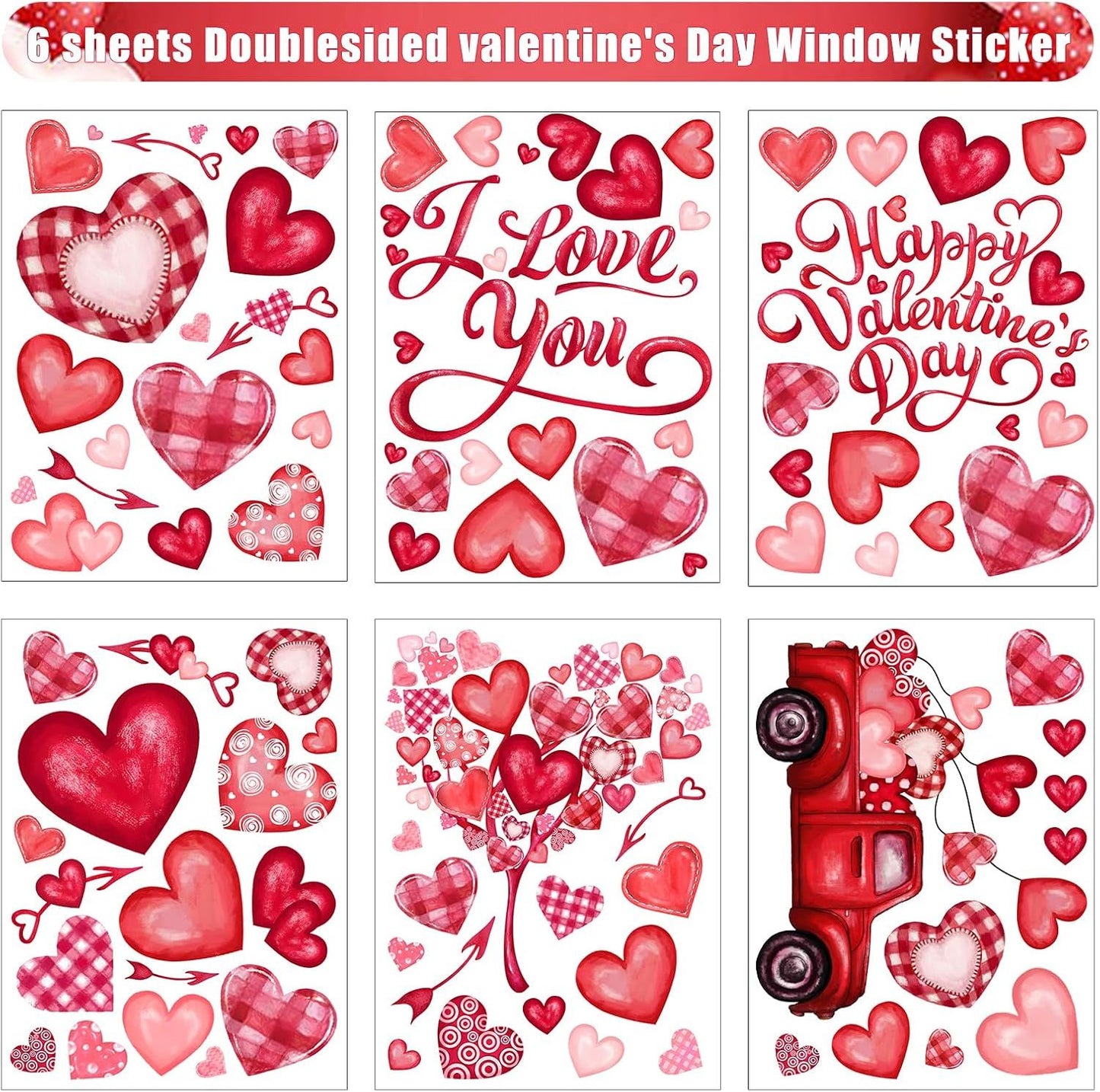 6 Valentine's Day Window Clings Valentine Window Decors Pink Hearts-Shape Tree Truck Happy Valentine’s Day Glass Stickers Decal Double Sided for Home Kitchen Decorations Party Supplies