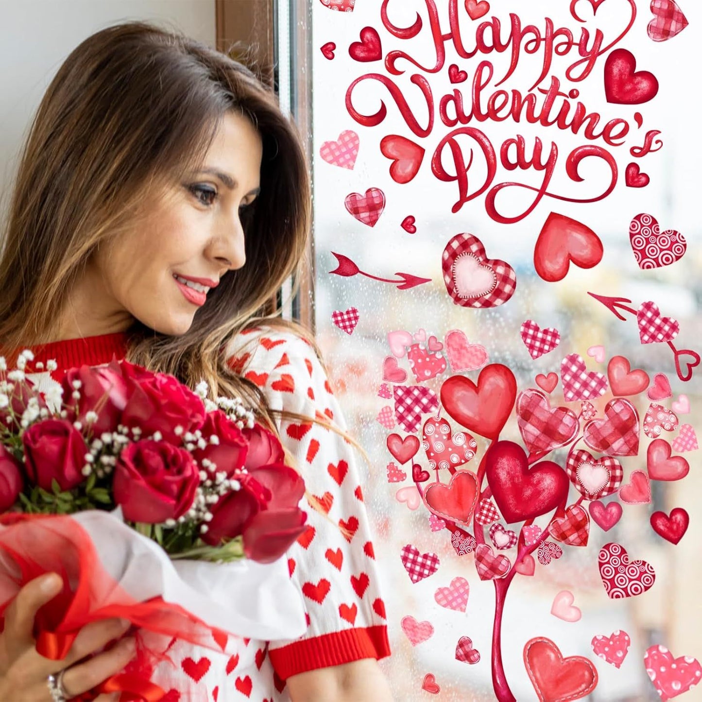 6 Valentine's Day Window Clings Valentine Window Decors Pink Hearts-Shape Tree Truck Happy Valentine’s Day Glass Stickers Decal Double Sided for Home Kitchen Decorations Party Supplies
