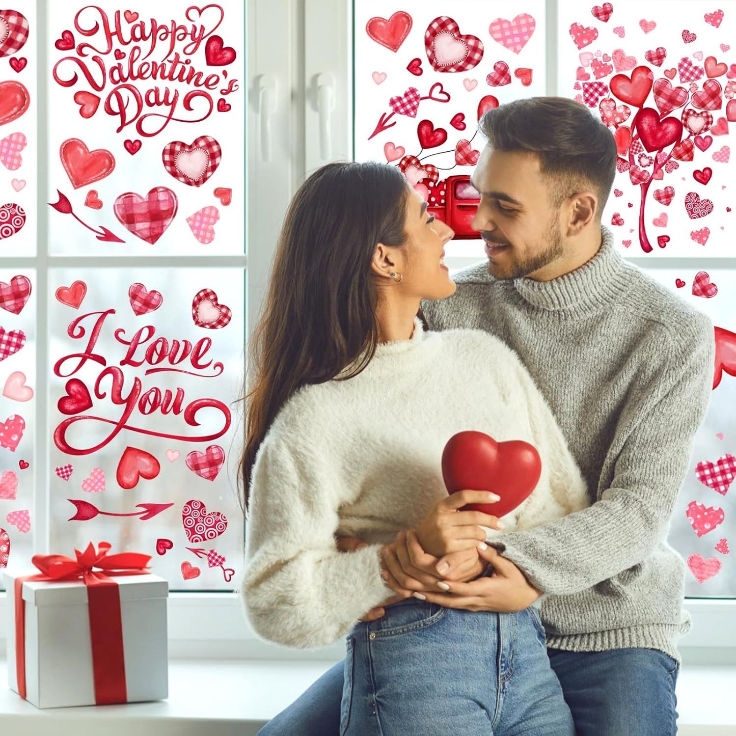 6 Valentine's Day Window Clings Valentine Window Decors Pink Hearts-Shape Tree Truck Happy Valentine’s Day Glass Stickers Decal Double Sided for Home Kitchen Decorations Party Supplies
