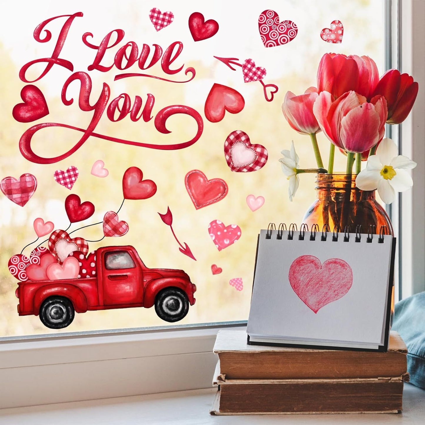 6 Valentine's Day Window Clings Valentine Window Decors Pink Hearts-Shape Tree Truck Happy Valentine’s Day Glass Stickers Decal Double Sided for Home Kitchen Decorations Party Supplies