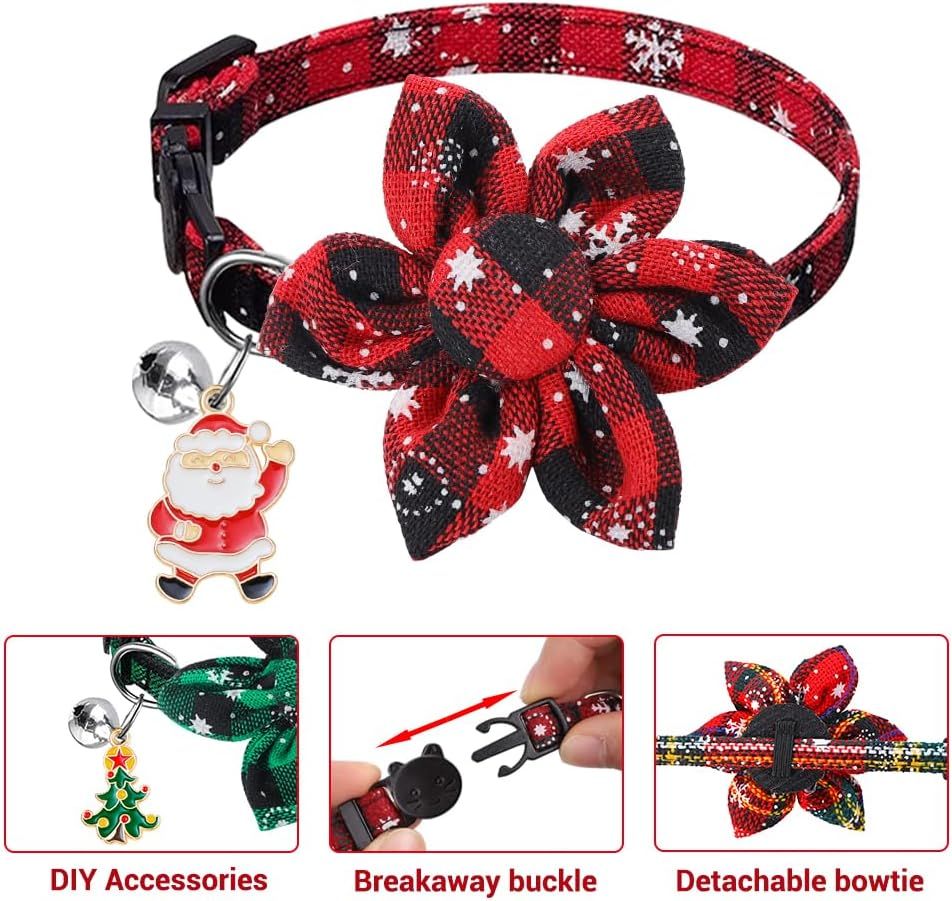 3 Pack Cat Collars, Christmas Flower Kitten Collars with Adjustable Breakaway Bow Tie Bell Plaid Snowflake Xmas Pet Supplies for Cats