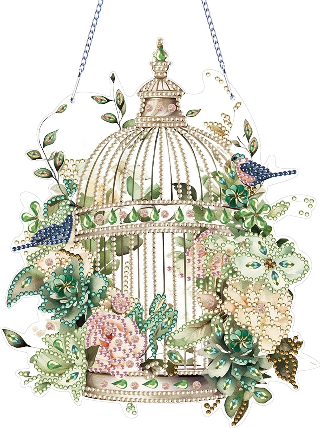 Diamond Art Painting Hanging Pendant Kit,DIY Flower Birdcage Crystal Art Hanging Sign,Diamond Window Hanging Wreath Ornament for Home Decor and Gift (366)