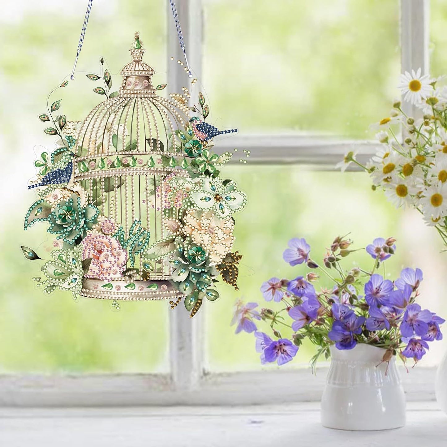 Diamond Art Painting Hanging Pendant Kit,DIY Flower Birdcage Crystal Art Hanging Sign,Diamond Window Hanging Wreath Ornament for Home Decor and Gift (366)