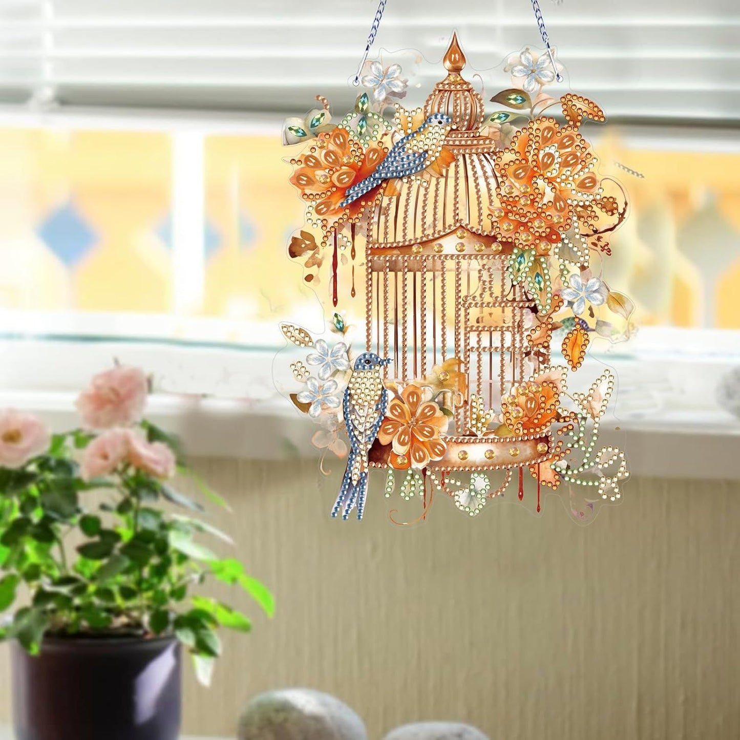 Diamond Art Painting Hanging Pendant Kit,DIY Flower Birdcage Crystal Art Hanging Sign,Diamond Window Hanging Wreath Ornament for Home Decor (365), MHL-35