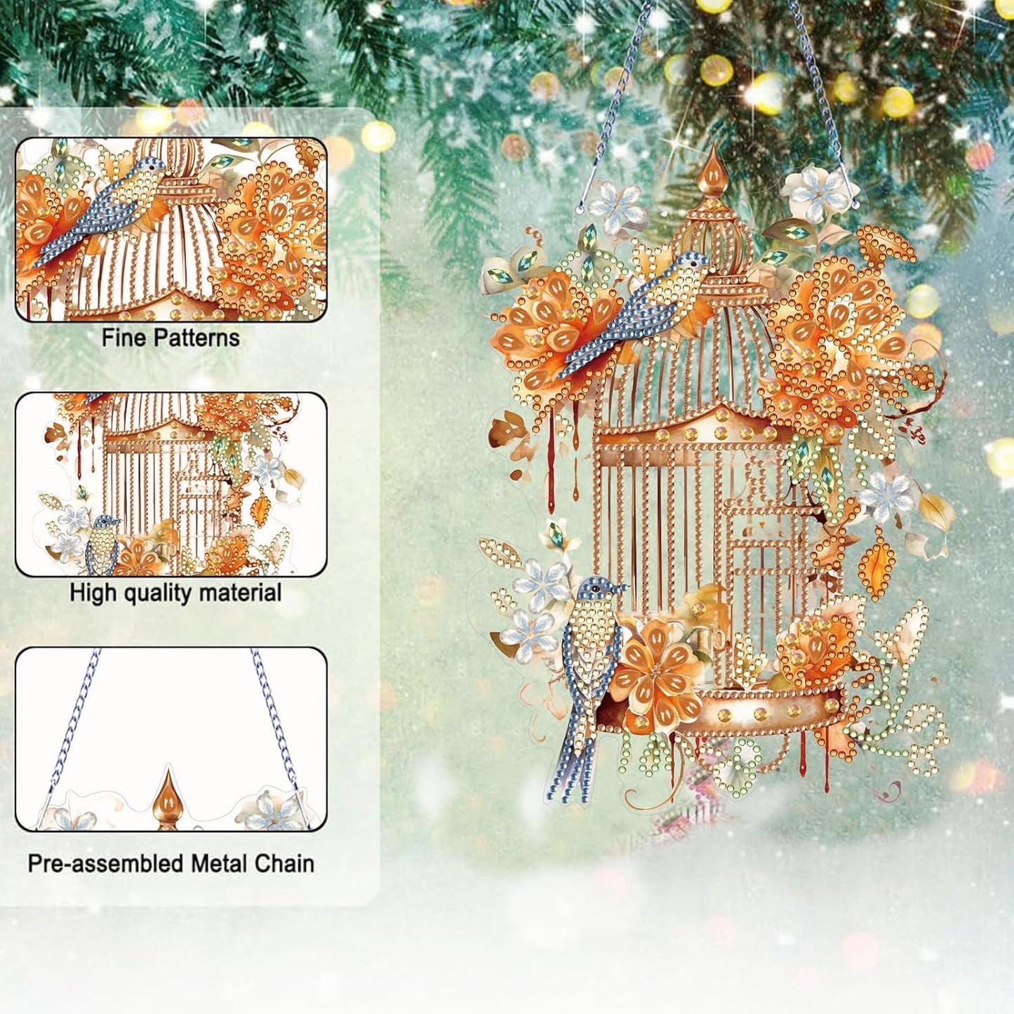 Diamond Art Painting Hanging Pendant Kit,DIY Flower Birdcage Crystal Art Hanging Sign,Diamond Window Hanging Wreath Ornament for Home Decor (365), MHL-35