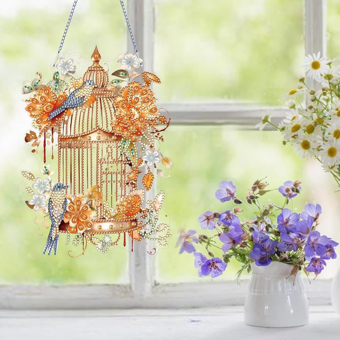 Diamond Art Painting Hanging Pendant Kit,DIY Flower Birdcage Crystal Art Hanging Sign,Diamond Window Hanging Wreath Ornament for Home Decor (365), MHL-35