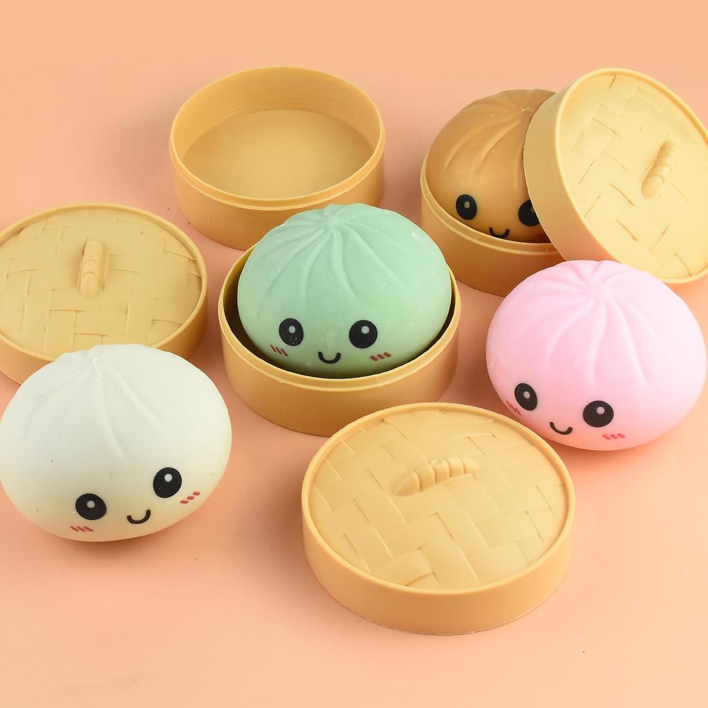 Giant Glitter Smiling face Colorful Dumpling Stress Balls Fidget Sensory Toy,Squeeze Dough Ball Stress Relief Hand Toy,Bun with Food Steamer Stretchy Desk Toys (Green)