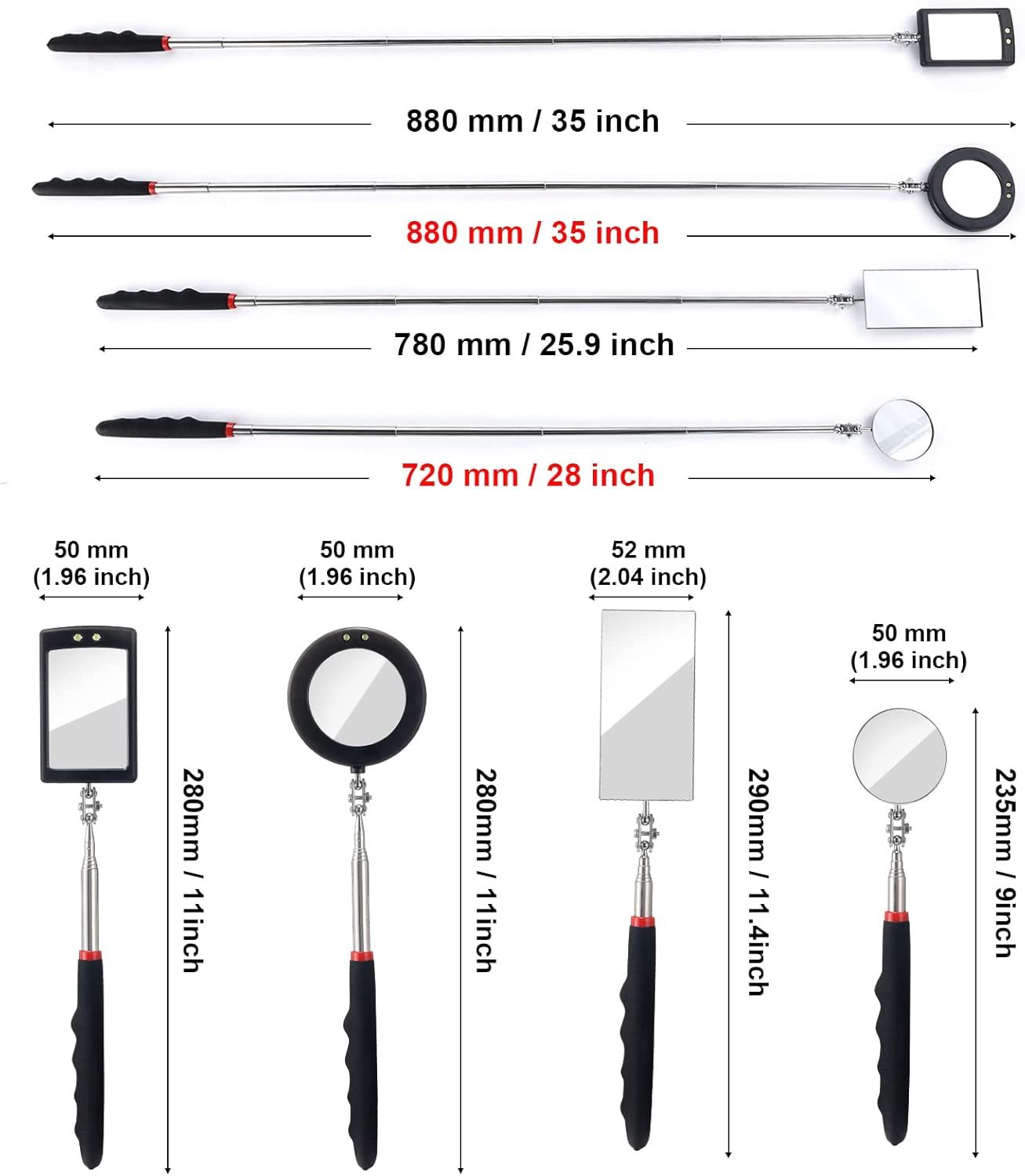 4PCS Telescoping Inspection Mirror LED Lighted Inspection Mirror for Mechanic Checking Vehicle, Car, Eyelashes, Mouth, Small Parts Observation (Extendable, Rectangle & Round)