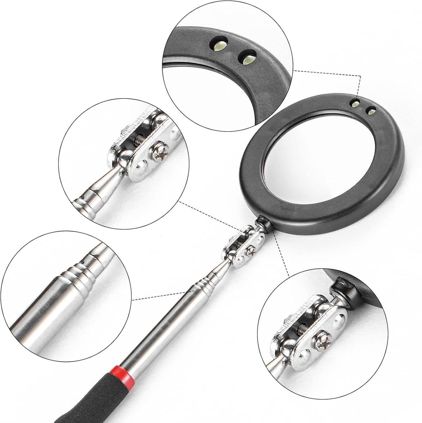 4PCS Telescoping Inspection Mirror LED Lighted Inspection Mirror for Mechanic Checking Vehicle, Car, Eyelashes, Mouth, Small Parts Observation (Extendable, Rectangle & Round)