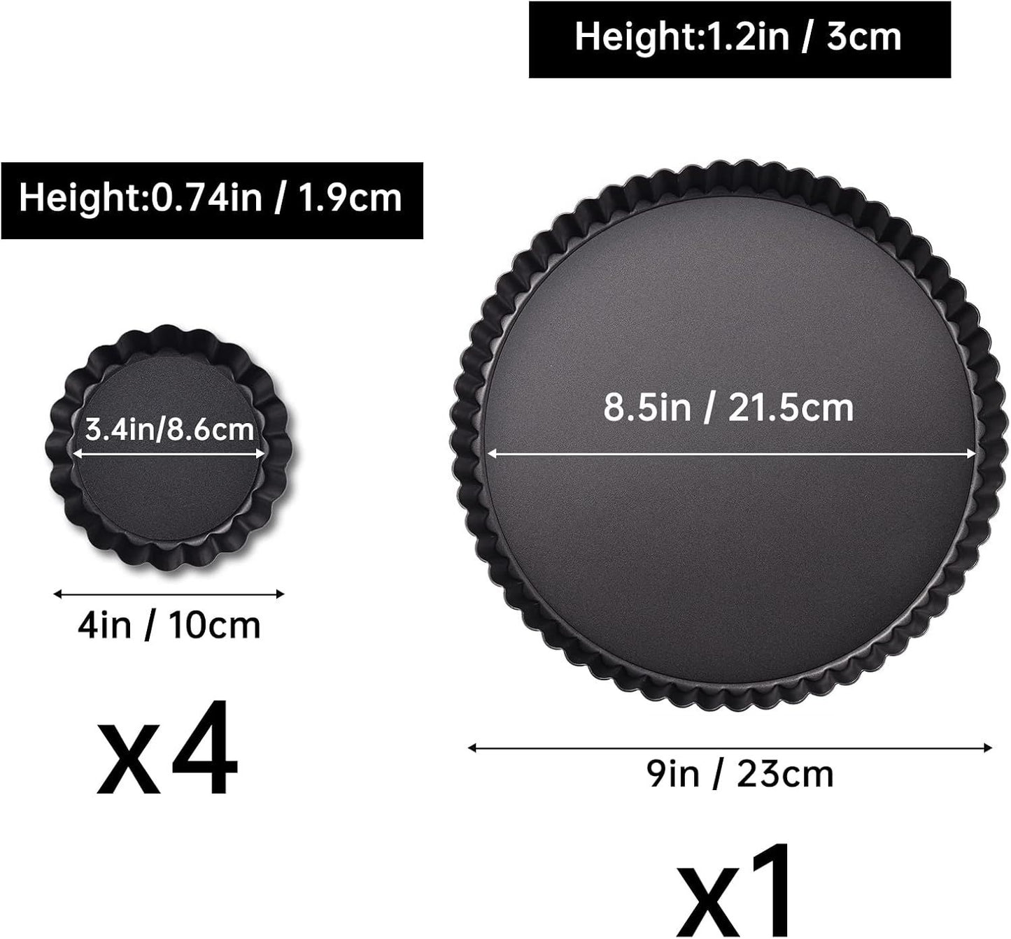 9 in Non-Stick Tart and Quiche Pan with Removable Bottom and 4 Mini Tart Pans 4-inch, Heavy Duty Fluted Side for Pies, Mousse Cakes, Dessert Baking (5 Pack)