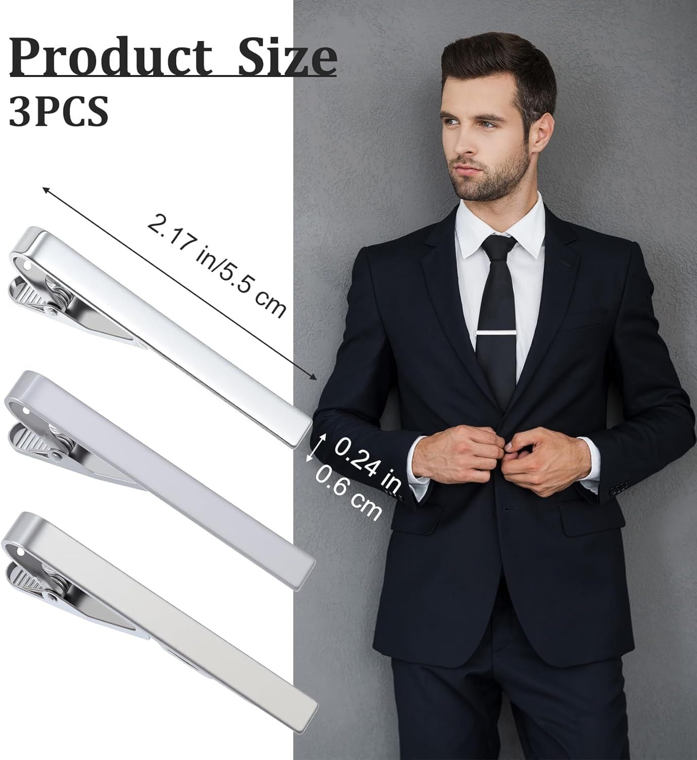 3 Pack Silver Tie Clips for Men, Classic Tie Clips for Men Silver with Adjustable Clasp Ideal for Professional Office Wear and Formal Events